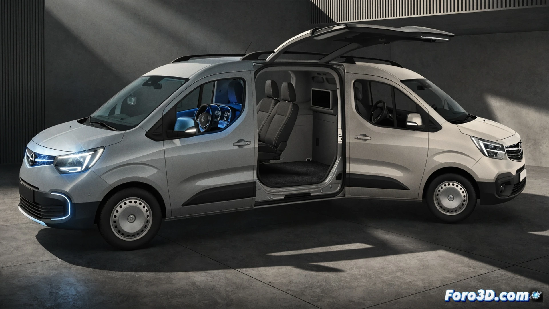 Opel Combo Start interior scene, front passenger seat folded vertically against dashboard, revealing a clear cargo space gain, a contractor loading a stack of toolboxes and a long wooden plank into the expanded area, measuring tape showing half-meter cubic volume gain, compact van body visible through open side door, photorealistic technical illustration, bright studio lighting, metallic and plastic textures, precise engineering visualization, demonstrating the seat folding mechanism in action, professional workshop context, ultra-detailed vehicle interior