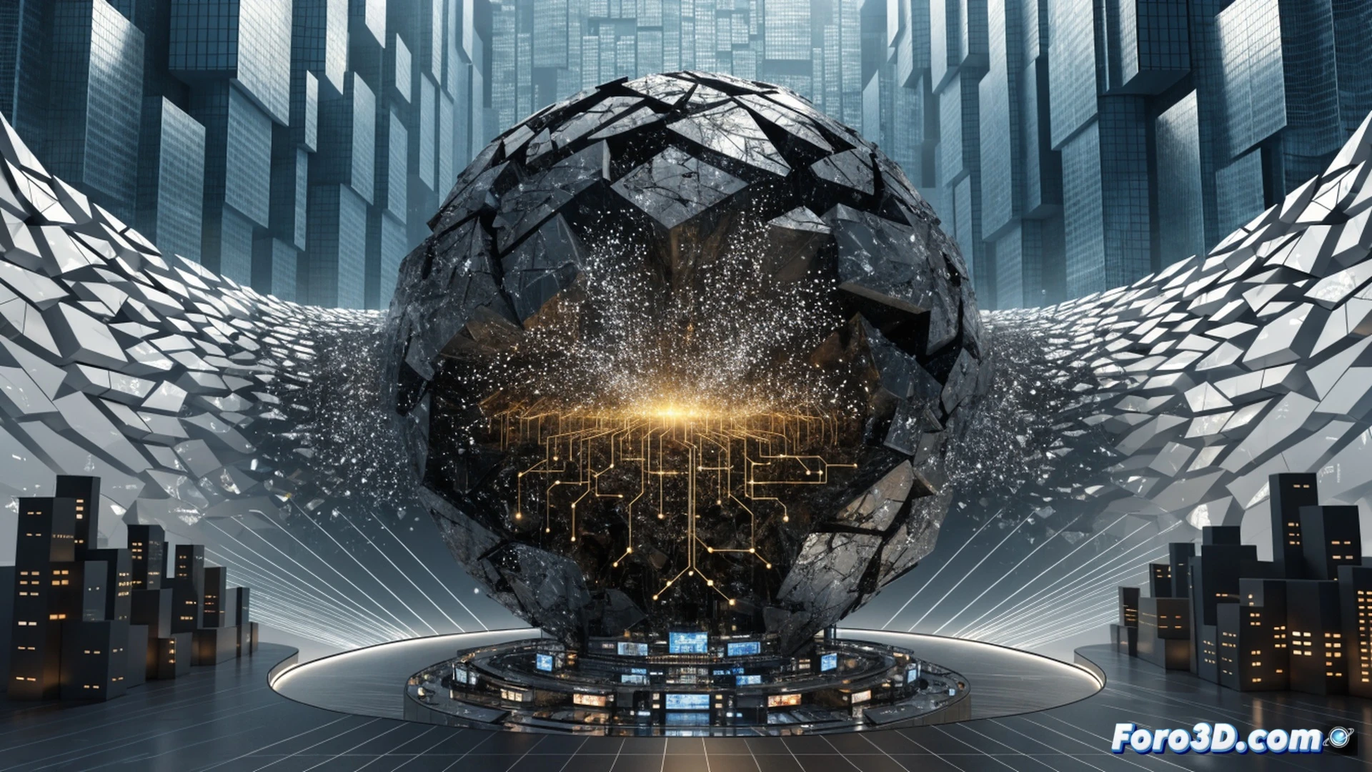 OpenAI headquarters building rendered as a transparent financial document, massive red loss arrow of 38.5 billion dollars piercing through the structure while servers and GPU racks float upward, conversion process shown as corporate legal papers transforming into a stock exchange ticker, technical infrastructure costs visualized as glowing circuits consuming cash stacks, cinematic technical illustration style, dramatic shadow and light contrast, photorealistic architectural render with financial data visualization elements, ultra-detailed electronic components inside the building cross-section, cool blue and intense red color palette, high-contrast industrial lighting