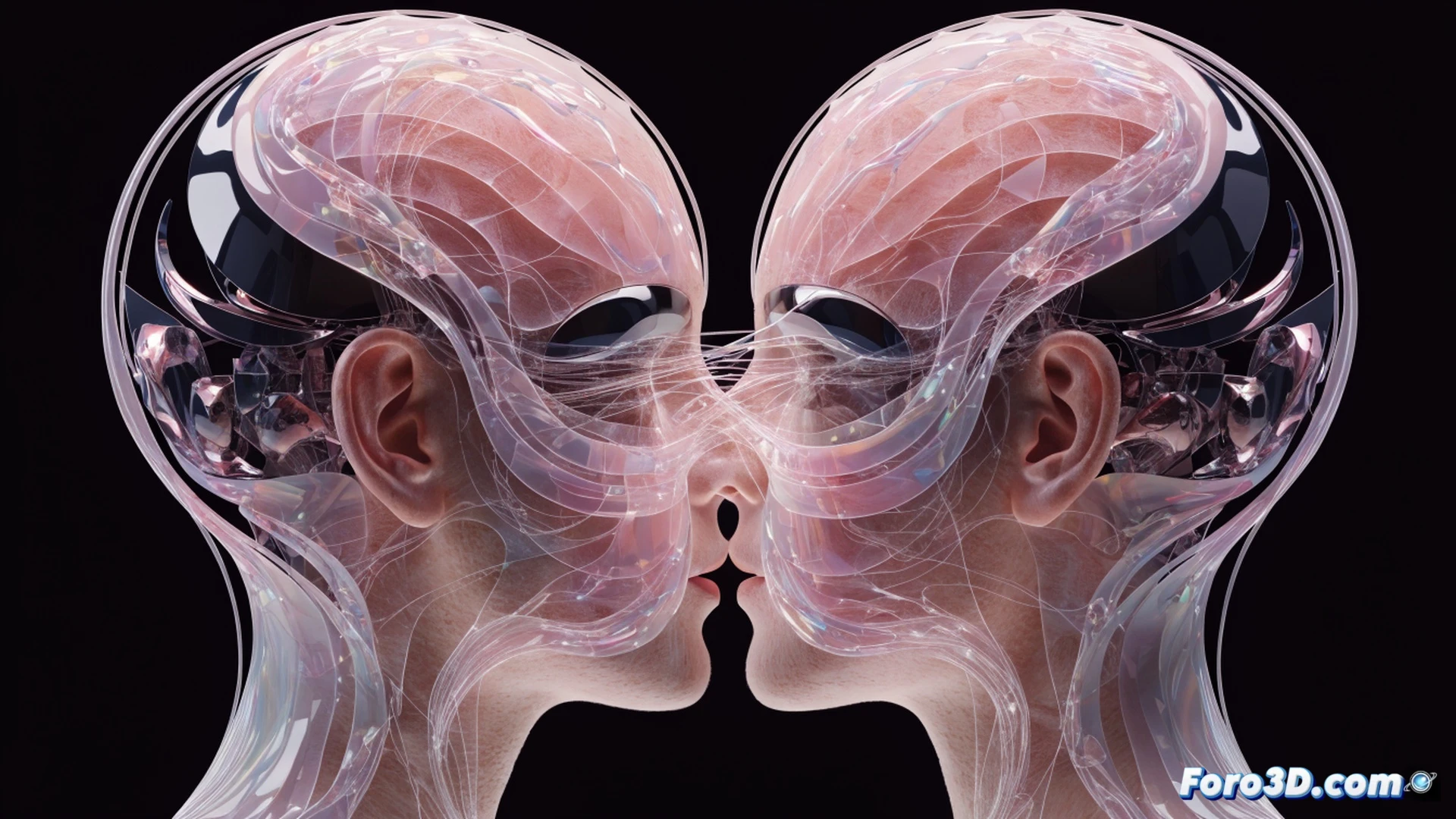 Two people facing each other, one speaking into a smartphone, the other holding a tablet, both mouths open mid-sentence, sound waves visualized as overlapping translucent arcs between them, no pause or turn-taking, digital avatar faces on screens showing real-time lip-sync and expression changes, background shows a futuristic interface with live voice waveform graphs and bidirectional data flow arrows, cinematic photorealistic style, warm indoor lighting, intense focus on simultaneous interaction, ultra-detailed skin textures and screen reflections, technical illustration of seamless voice exchange