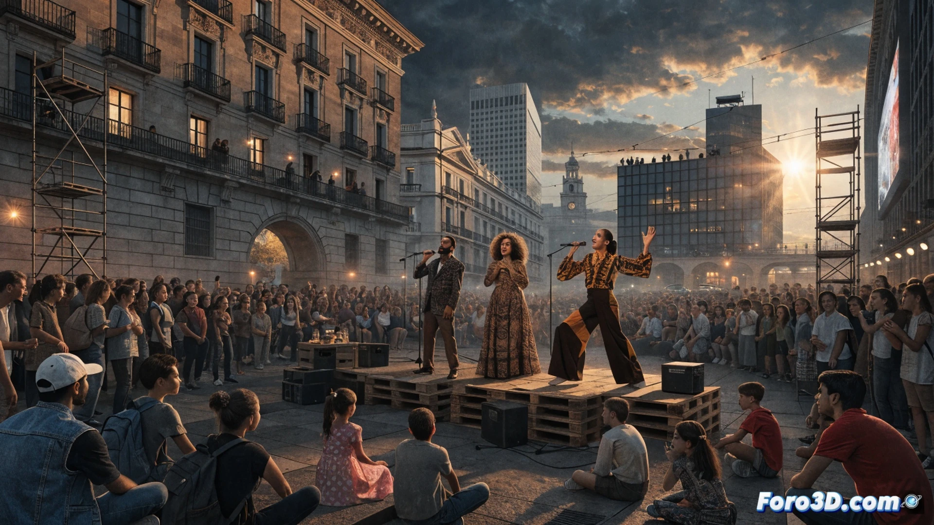 photorealistic scene of a soprano singing inside a bustling metro station, commuters pausing mid-step while watching from escalators and platforms, a portable stage with minimalist lighting and acoustic panels set near ticket machines, subway car doors open showing passengers drawn to the performance, dramatic chiaroscuro light beams cutting through dust particles, modern architectural interior with glass barriers and steel columns, action of voice projection visualized as soft glowing sound waves, cinematic wide-angle composition, ultra-detailed textures on tiles and metal handrails, vibrant cultural contrast between daily transit and live opera