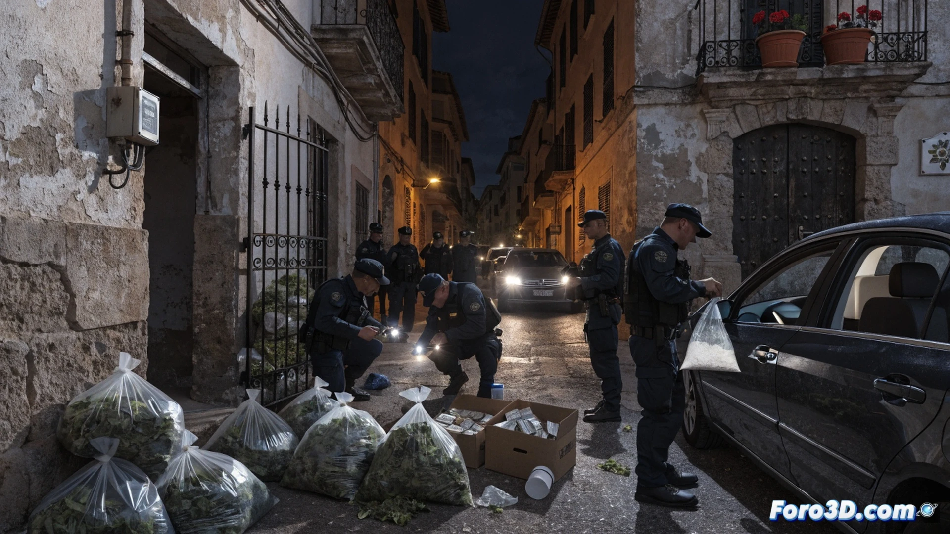 Policía Nacional irrumpiendo en una vivienda de Son Banya, Mallorca, durante un operativo antidroga, agentes con equipo táctico asegurando paquetes de cocaína sobre una mesa de madera, balanzas digitales y bolsas de plástico visibles, fondo de callejón estrecho con grafitis y persianas metálicas, luz de linternas tácticas iluminando la escena, humo de bengalas de señalización, estilo cinematográfico realista, alta definición, sombras dramáticas, texturas de cemento y metal desgastado, composición dinámica con agentes en movimiento, photorealistic technical illustration