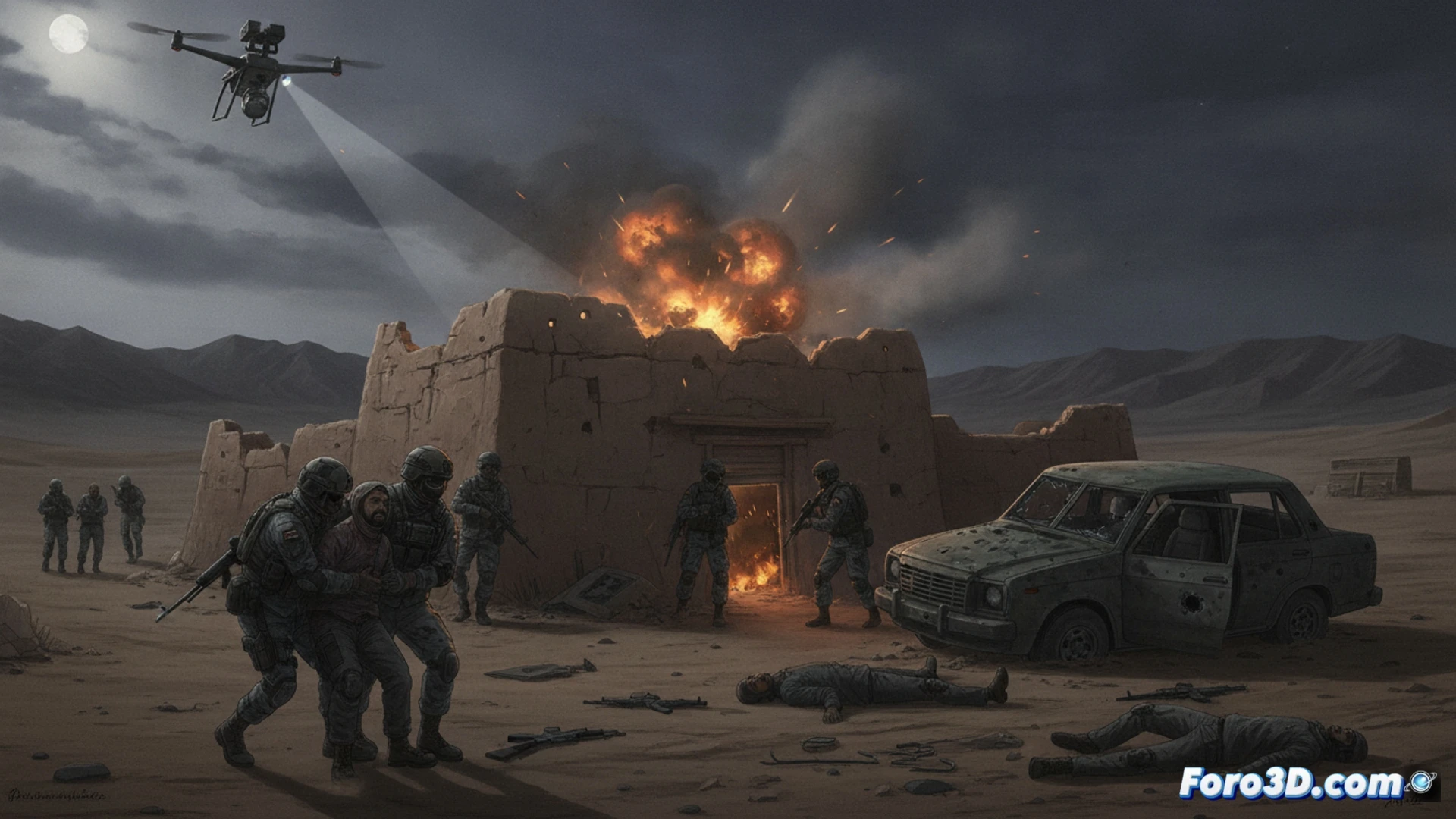 Iranian security forces raiding a clandestine bomb-making workshop, four suicide vests lined up on a metal table, tactical team in dark uniforms detaining suspects, one agent injured on the ground, broken communication radios and wiring scattered, concrete bunker interior with harsh overhead fluorescent lights, cinematic photorealistic action scene, smoke haze, dramatic shadows, intense confrontation moment, ultra-detailed tactical gear and explosive components