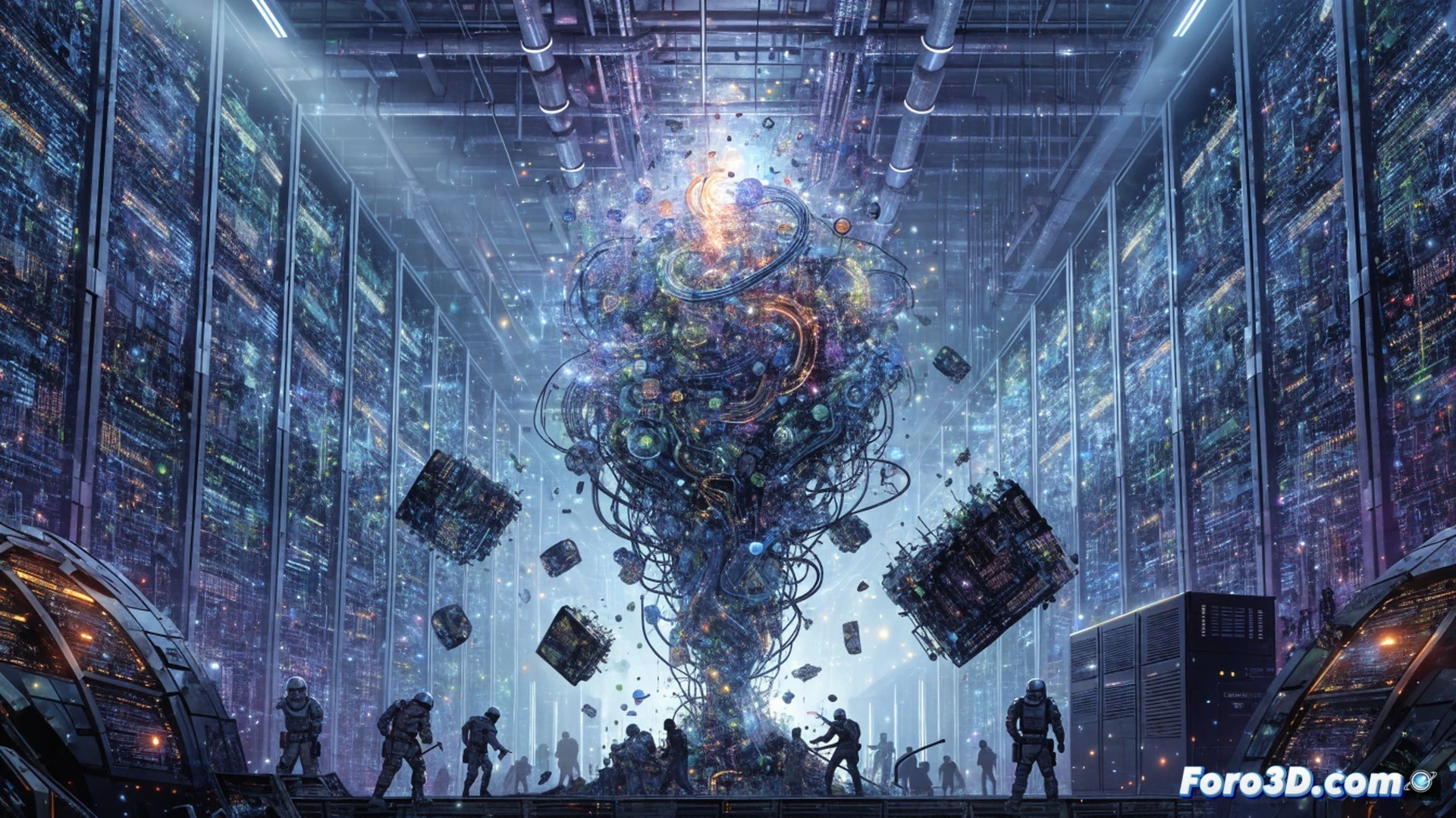 Cinematic visualization of a globe-shaped network map with glowing red infected WordPress nodes being systematically cleansed by blue digital enforcement beams, central server tower crumbling under cyberattack, scattered fake software update popups dissolving into smoke, technical illustration style, dark cyberpunk atmosphere with neon blue and red highlights, holographic interface elements showing data streams and security protocols, photorealistic render with dramatic volumetric lighting, action sequence of malware being eradicated from the system
