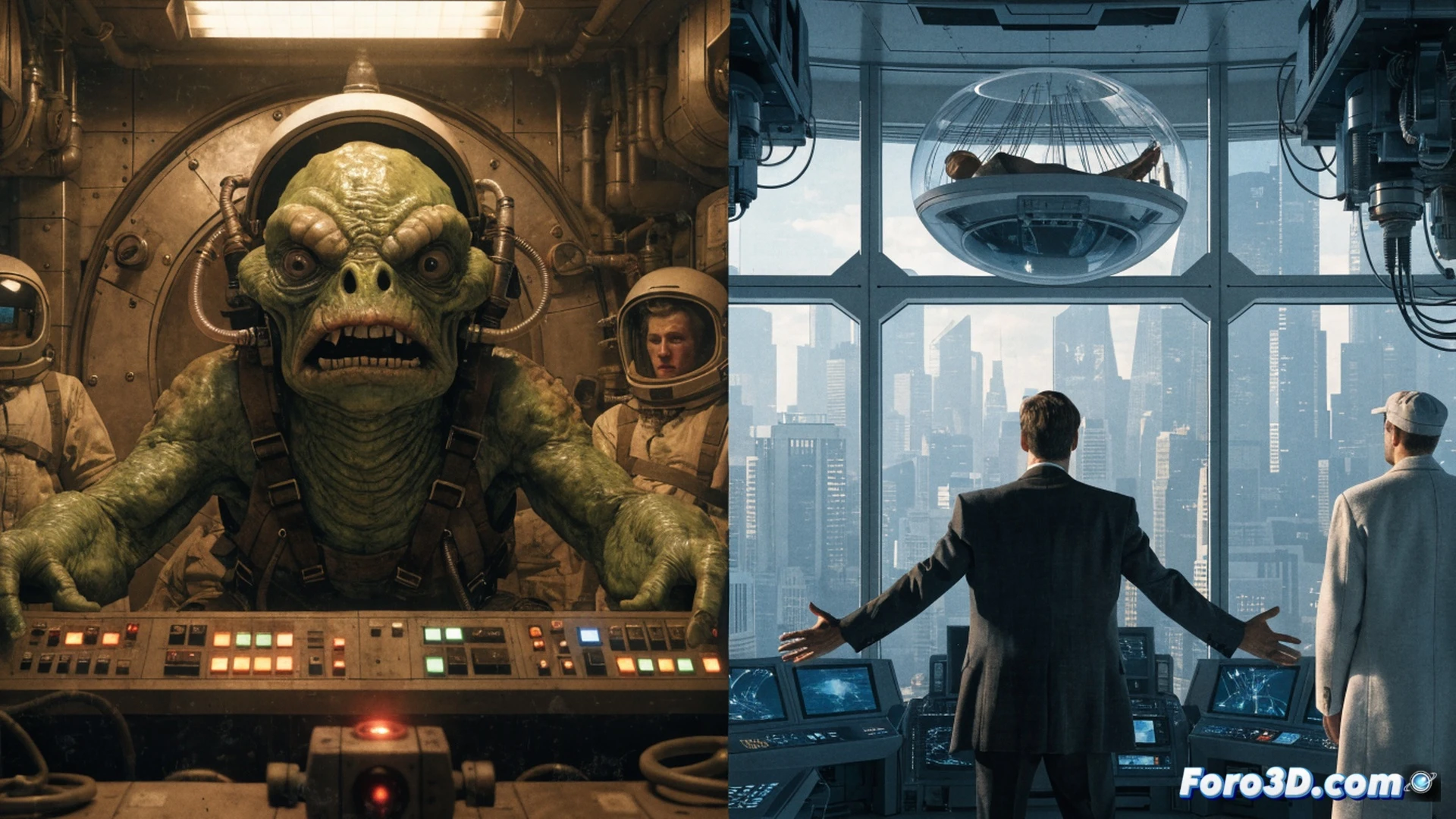 split-screen comparison of two cinematic worlds, left side: low-budget 1990s sci-fi set with cheap plastic spaceship model and puppet alien, actors in exaggerated poses against green screen, visible camera rig and boom microphone, grainy VHS texture, soft practical lights; right side: Minority Report-style futuristic interface with holographic transparent screens, gestural hand motion control, sleek dark metallic walls, precise blue LED glow, motion-blurred hand tracking, ultra-sharp photorealistic detail, dramatic contrast between crude practical effects and polished digital cinema, cinematic technical illustration, hyperdetailed textures, no text or numbers