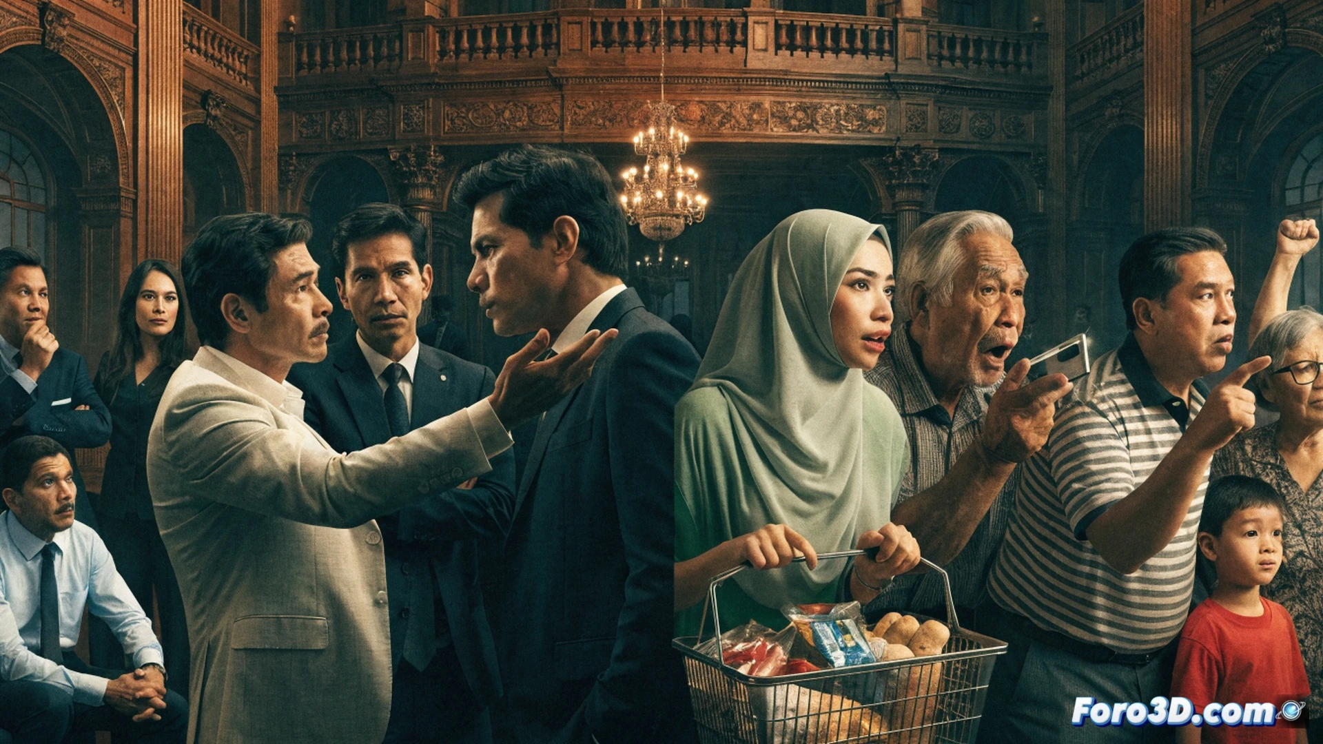 Malaysian opposition politicians in a heated parliamentary debate, their hands gesturing aggressively while ignoring a large digital screen showing rising inflation graphs and unemployment charts, a broken gavel on the table symbolizing stalled agreements, empty chairs representing absent citizen voices, cinematic photorealistic style, dramatic overhead lighting casting long shadows, polished wooden chamber interior, frustrated expressions frozen mid-argument, technical illustration with economic data visualization.