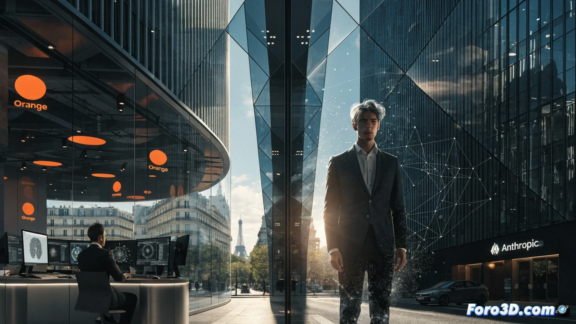 senior AI executive walking through a glass-walled Parisian office, handing over a glowing neural network schematic to a team member, while digital Claude and Mythos interface holograms float above a sleek conference table, European telecom servers and African continent map projected on a screen behind, cinematic technical illustration, blue and orange light accents, photorealistic engineering visualization, data flow lines connecting devices, modern corporate atmosphere, dynamic action of transition and global expansion