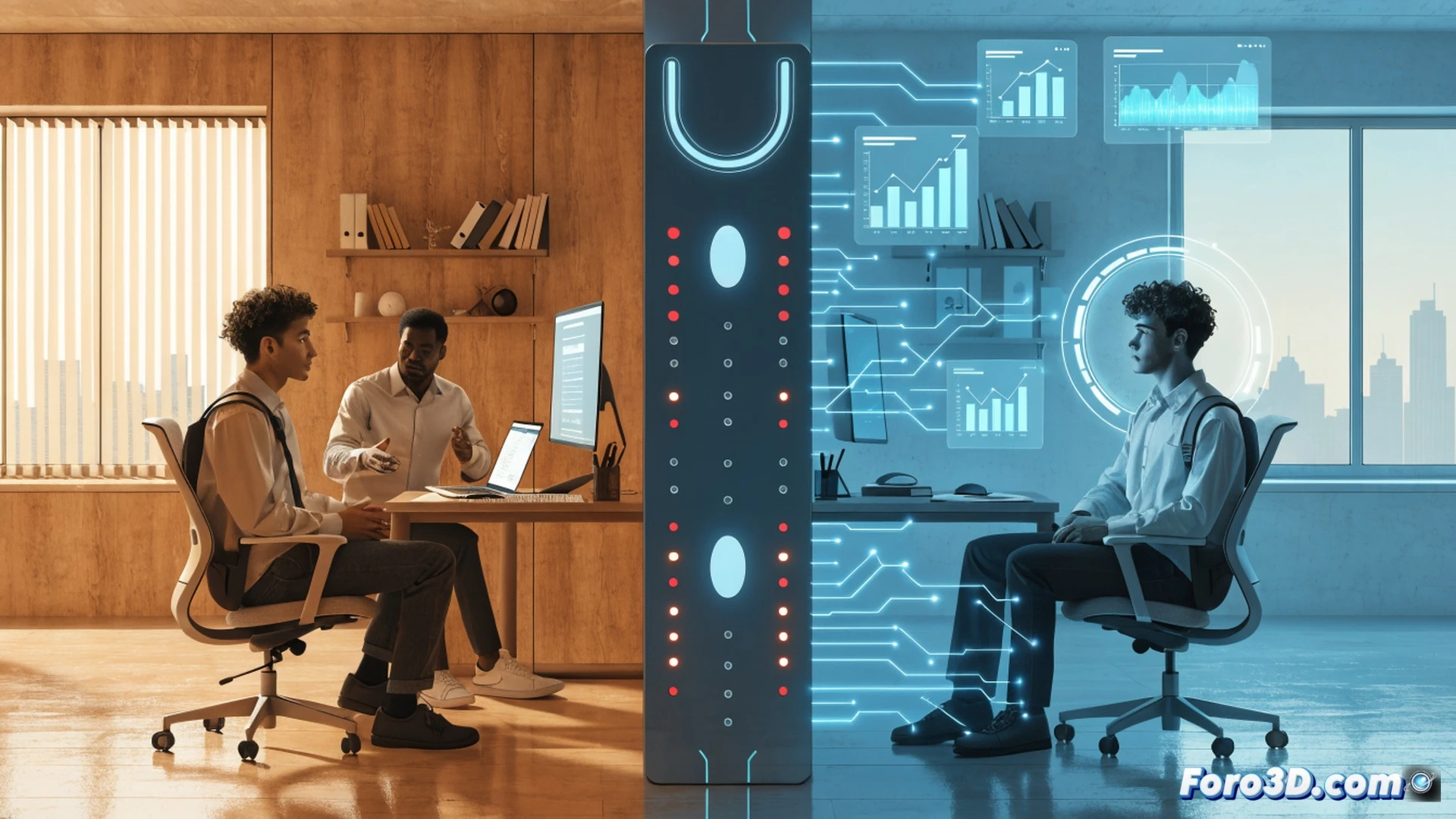 A digital recruiter interface screen glowing in a dark office, AI avatar face analyzing a live video feed of a candidate, robotic hand clicking through a resume database, hundreds of profile icons being sorted into green and red columns automatically, a coffee cup left untouched on the desk, blurred recruiter figure watching from the background, photorealistic technical visualization, cinematic lighting with blue and orange contrast, sleek minimalist hardware design, data streams flowing across the monitor, ultra-detailed UI elements, professional corporate atmosphere