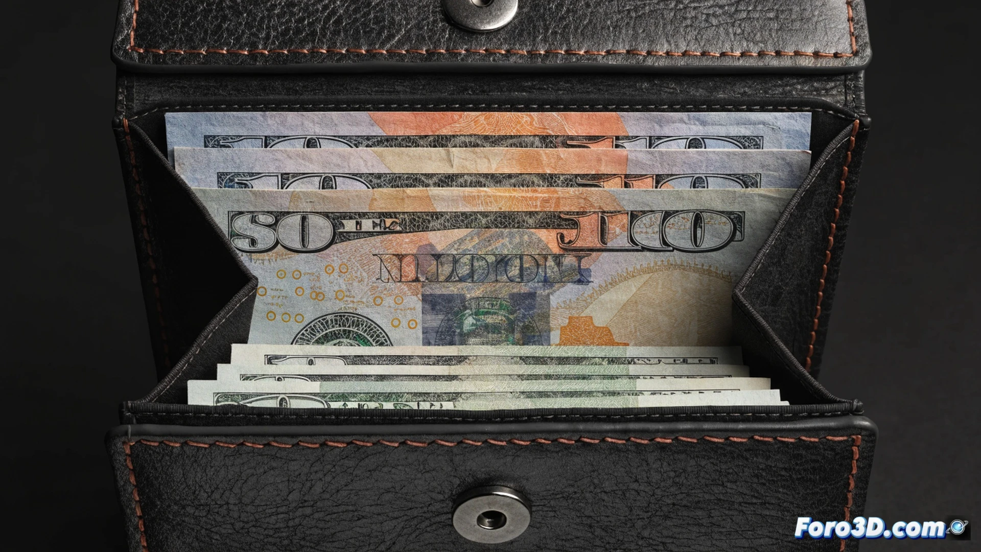 close-up of a hand opening a brown leather wallet, fingers sorting a stack of mixed euro and dollar banknotes from smallest to largest denomination on a wooden table, organized bills forming a neat fan shape, a small calculator and a black pen beside the wallet, soft natural light from a window, shallow depth of field focusing on the sorting action, photorealistic technical illustration, calm professional atmosphere, subtle shadow details, ultra-realistic textures of paper and leather