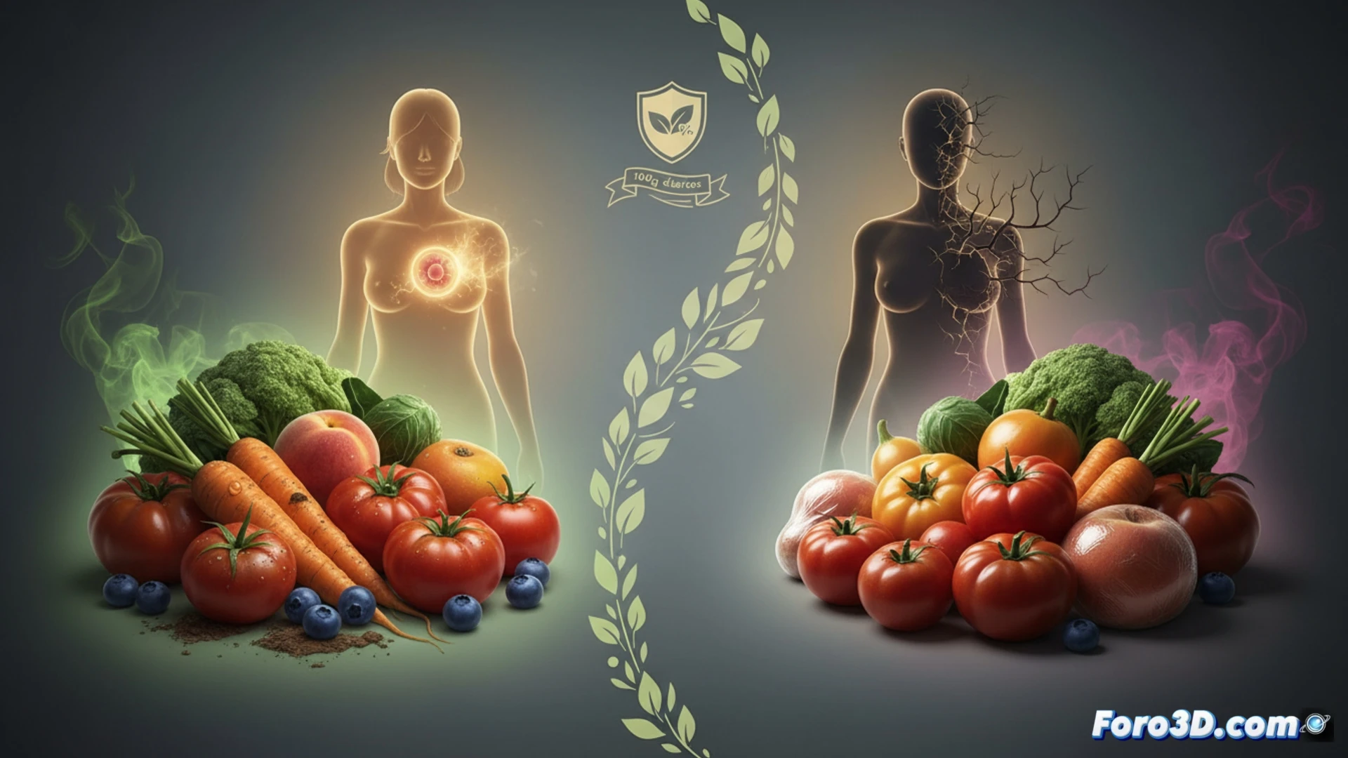 Detailed technical illustration scene: fresh organic fruits and vegetables arranged on a stainless steel laboratory dissection table, a gloved researcher placing an organic apple onto a precision scale while a digital monitor displays a downward-trending risk graph for postmenopausal breast cancer, beside a separate pile of conventional produce with a subtle red warning glow, photorealistic scientific visualization, bright clinical LED lighting, macro lens focus on the scale and fruit textures, clean white laboratory background, faint molecular structures floating in the air, dramatic contrast between organic and conventional groups, ultra-detailed botanical surfaces, sterile medical atmosphere