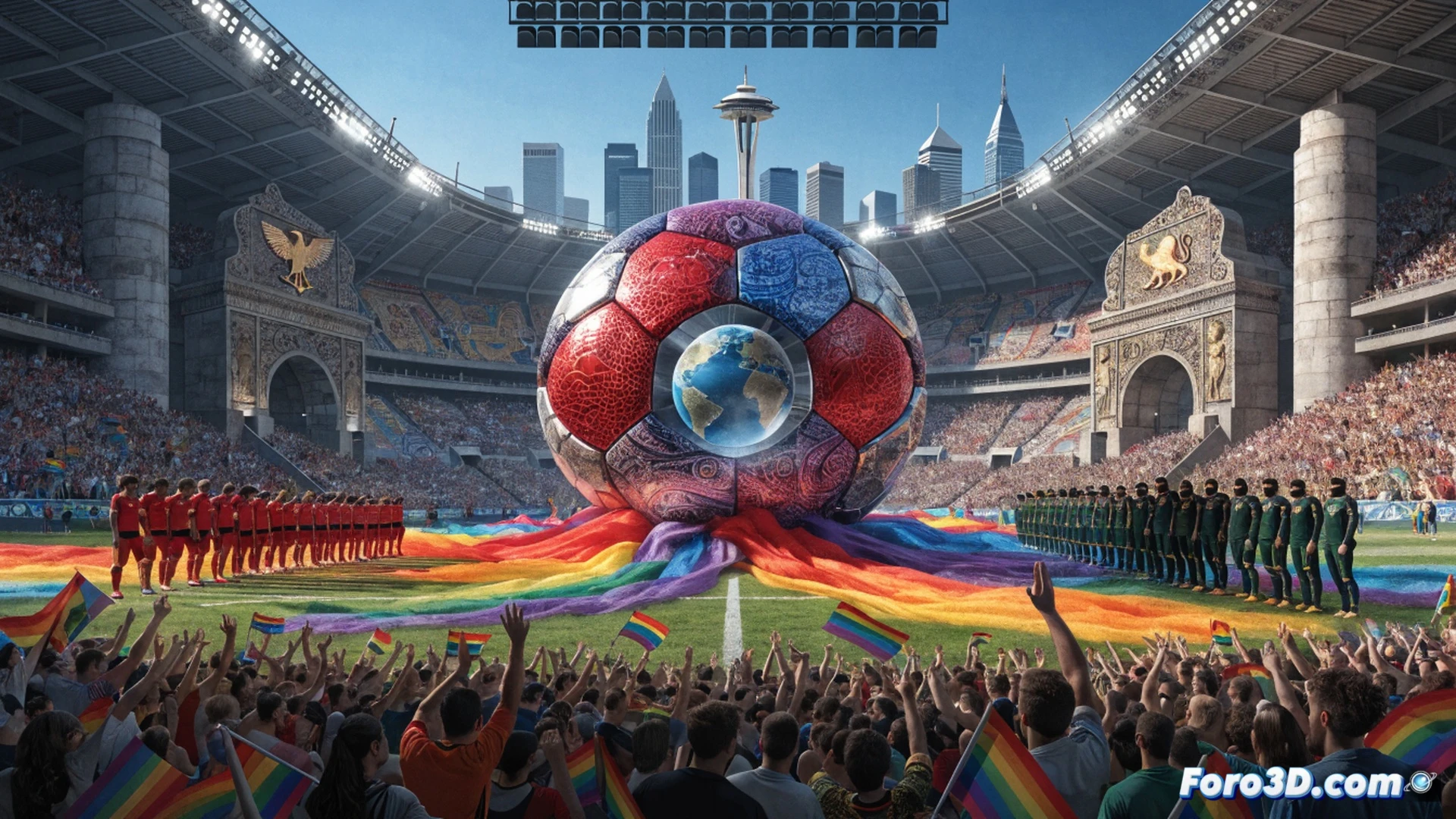 A giant cardboard stadium facade collapses mid-celebration, rainbow flags draped over empty bleachers, two national team jerseys of Iran and Egypt hanging limp on wire hangers, a FIFA official shaking hands with a holographic figure while a noose-shaped shadow stretches across the pitch, photorealistic cinematic wide shot, harsh overhead floodlights casting stark contrasts, abandoned tactical whiteboard with erased human rights clauses, broken rainbow-colored cardboard cutouts scattered on astroturf, ultra-detailed texture of peeling paint and torn paper, dramatic industrial lighting, dystopian sports documentary style