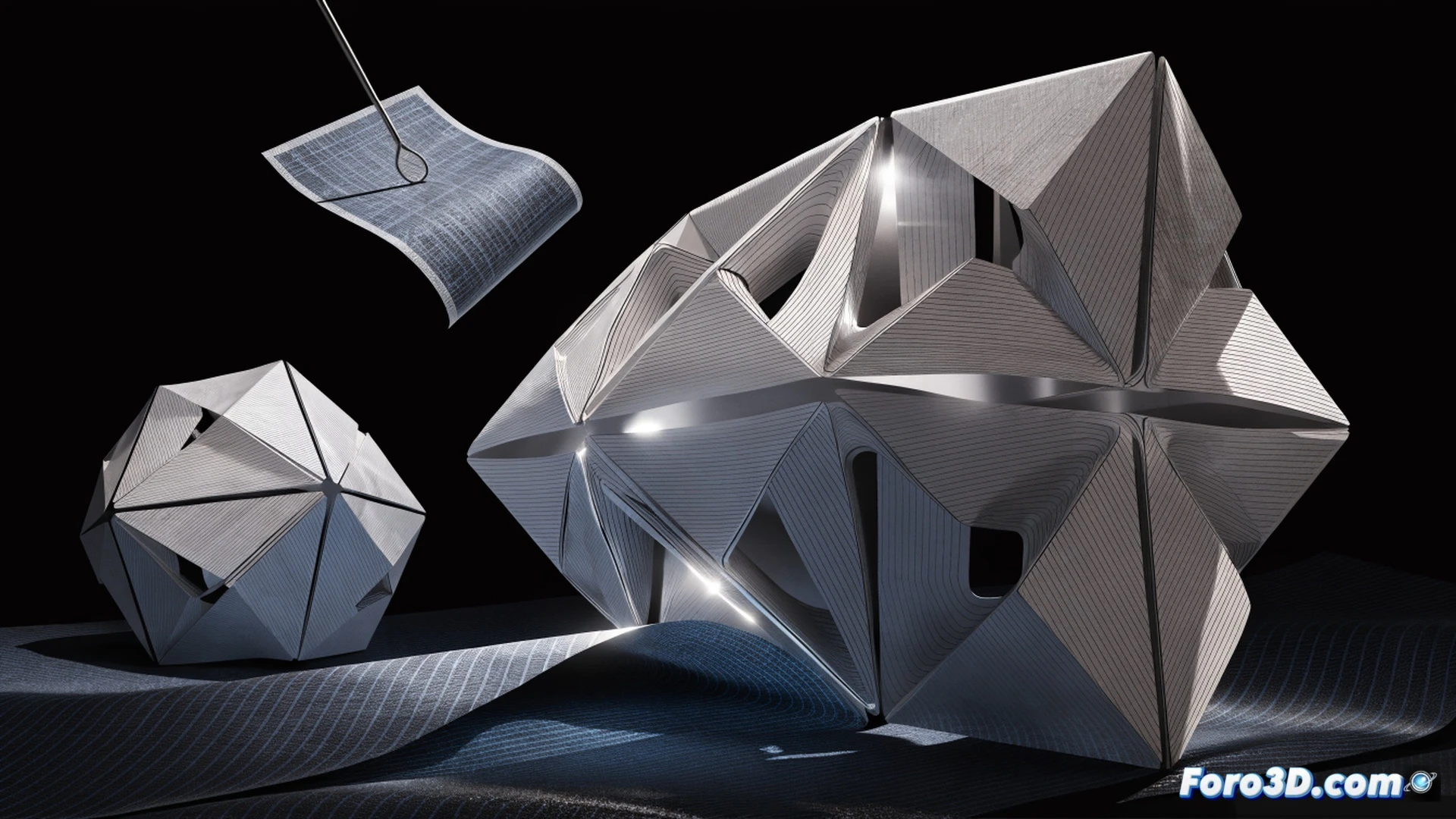 Industrial origami process, automated robotic arm placing carbon fiber composite sheet onto flexible fabric base, fabric being precisely folded into a complex three-dimensional automotive component shape, no mold visible, lightweight part taking form during the folding action, engineering workstation showing real-time simulation of stress distribution on unfolded material, clean laboratory environment, metallic robotic grippers holding fabric edges, photorealistic technical illustration, dramatic side lighting highlighting composite weave texture, ultra-detailed mechanical joints, industrial precision atmosphere