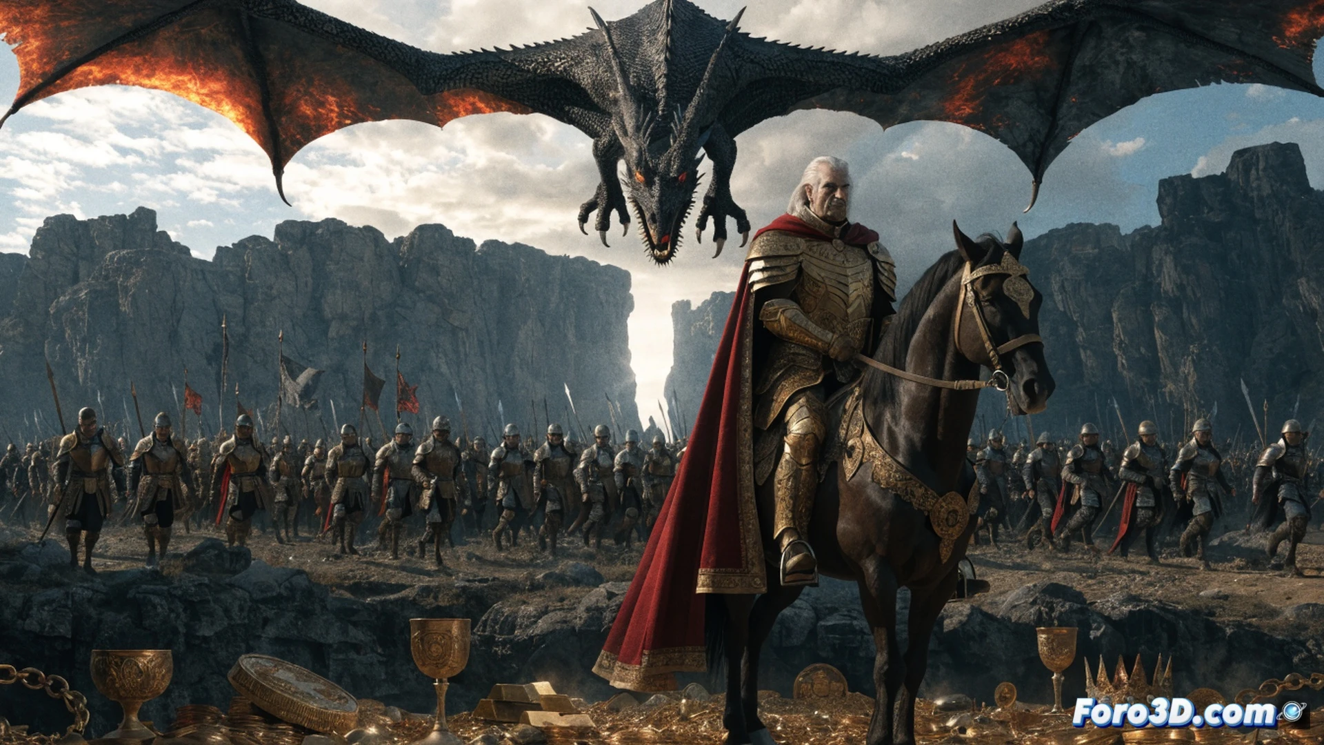Lord Ormund Hightower montando un dragón verde esmeralda durante una tormenta de cenizas, alas del dragón desplegadas sobre un vasto ejército marchando con estandartes de fuego, soldados levantando escudos mientras el viento levanta polvo y brasas, cinemática épica, iluminación dramática con destellos anaranjados, escamas del dragón texturizadas con detalles de alta resolución, armadura de lord con incrustaciones doradas reflejando llamas lejanas, fondo de cielo tormentoso con nubes de humo, render fotorrealista estilo cinematográfico de batalla medieval.