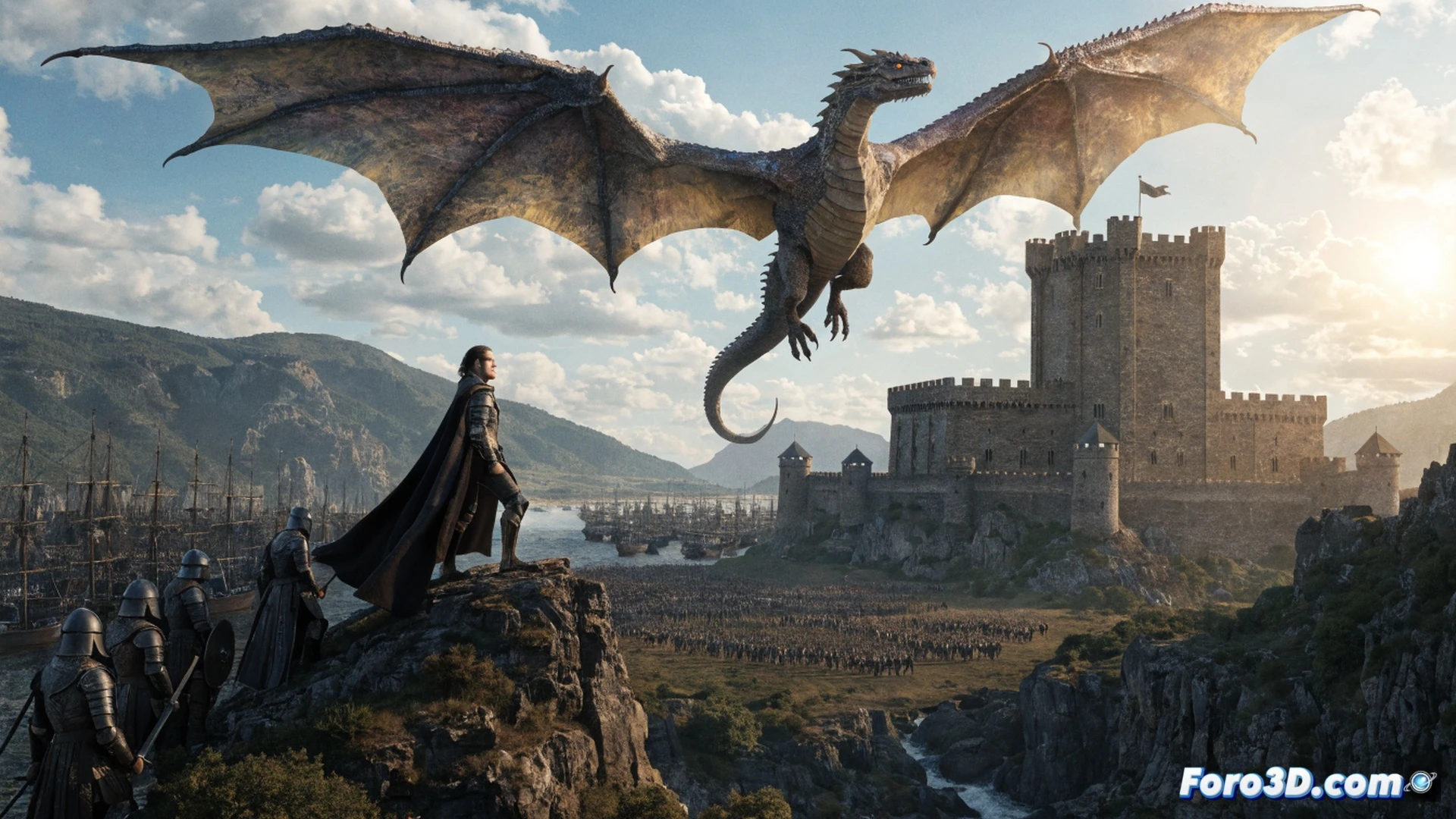 Ormund Hightower en armadura de batalla montando un dragón verde oscuro sobre un campo de guerra humeante, con un ejército masivo desplegándose detrás, estandartes de la Casa Hightower ondeando al viento, soldados preparando ballestas y lanzas mientras el dragón exhala llamas hacia el horizonte, mostrando poderío militar ilimitado, estilo cinematográfico épico, iluminación dramática con nubes de tormenta, texturas metálicas detalladas en la armadura, escamas del dragón ultrarealistas, photorealistic technical render, acción de carga militar en marcha, humo y chispas elevándose durante el avance.