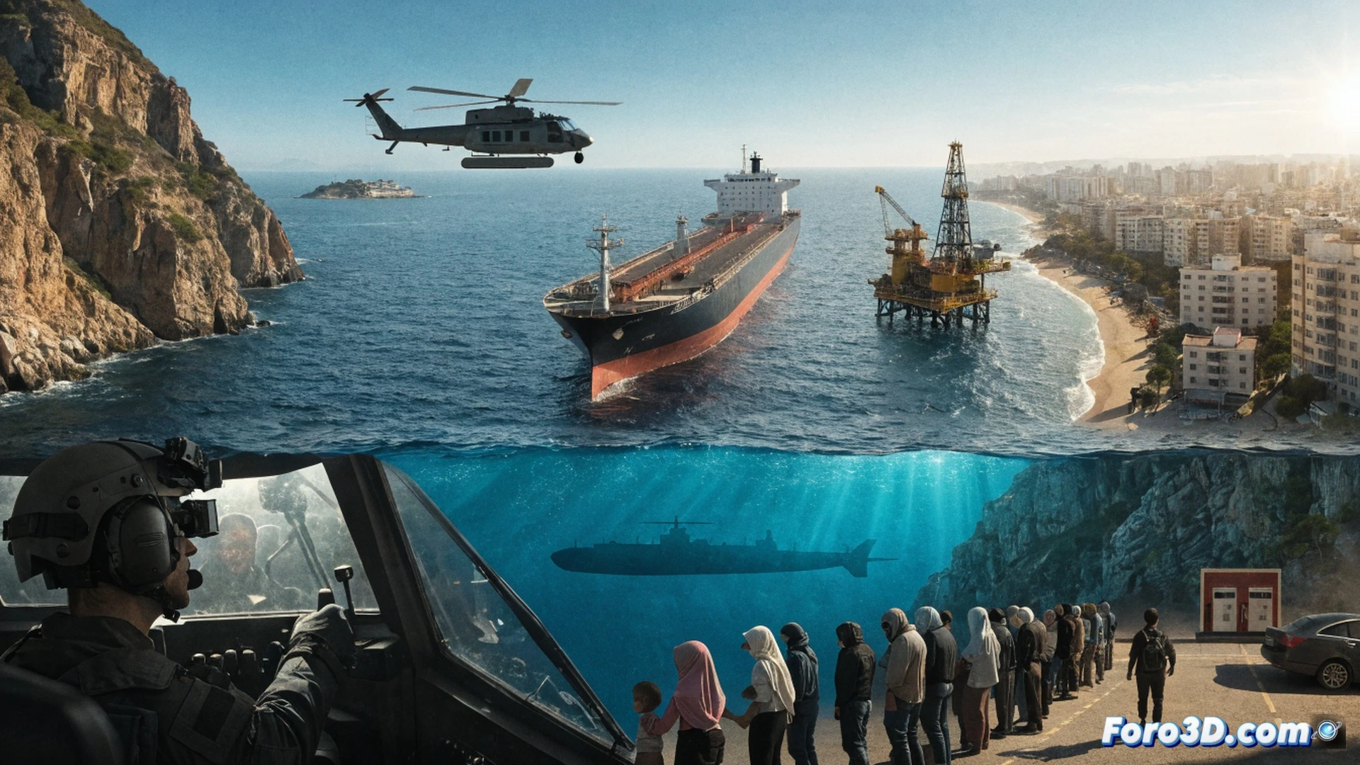 Massive cargo ship navigating narrow Strait of Hormuz channel, oil tanker hull scraping against underwater bedrock, global shipping routes converging into bottleneck, digital world map overlay showing trade flow disruption, fuel price ticker rising in background, geopolitical pressure visualized as crushing tectonic plates, cinematic technical illustration, photorealistic engineering visualization, dark stormy ocean atmosphere, warning buoys flashing red, radar scanning nearby warships, ultra-detailed ship structure, dramatic industrial lighting