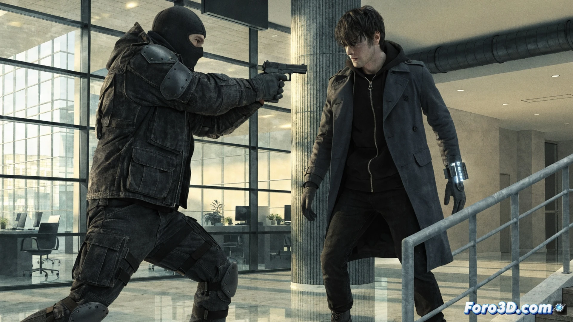Night alleyway, rain-slicked asphalt, Evan Smoak crouched behind a dumpster, one hand pressing a silenced tactical pistol against a pipe, the other holding a compact multi-tool with a glowing LED tip, demonstrating a live bypass of a security panel, sparks arcing from exposed wiring, his dark tactical vest and rolled sleeves showing forearm scars, cinematic photorealistic style, dramatic low-angle lighting from a flickering neon sign, motion blur on a distant running figure, ultra-detailed metal textures and wet reflections, high-contrast shadows, action thriller composition