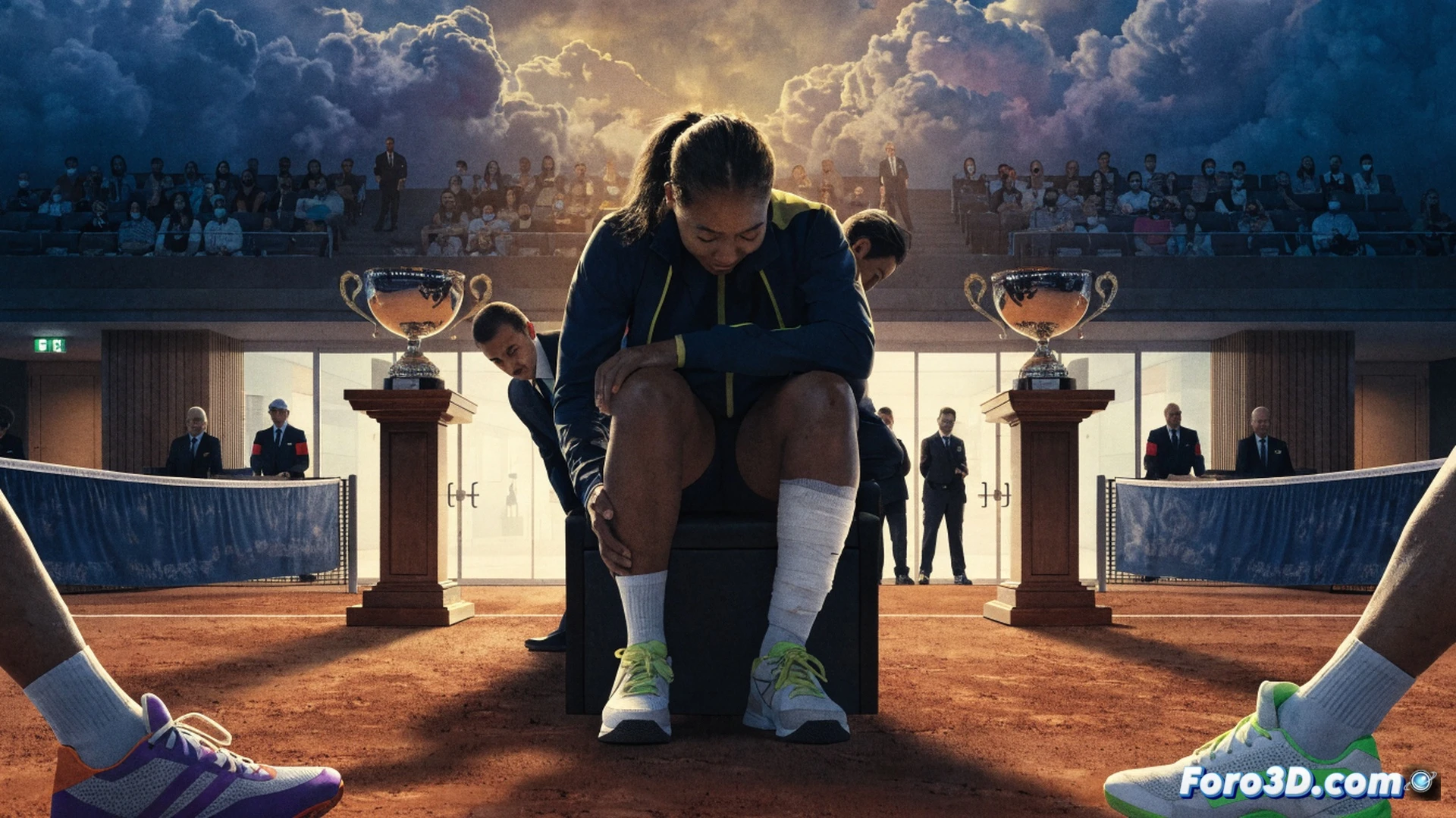 Naomi Osaka en cancha de césped, tobillo derecho vendado apoyándose en el suelo mientras la raqueta cae de su mano, fondo de gradas con público preocupado y marcador electrónico mostrando el abandono, primer set finalizado, segundo set sin iniciar, luz dorada de atardecer, sudor en su rostro con expresión de dolor, juez de silla observando, fotografía deportiva cinematográfica, alto contraste, profundidad de campo reducida, textura detallada del césped y vendaje médico, estilo photorealistic con iluminación dramática de estadio.