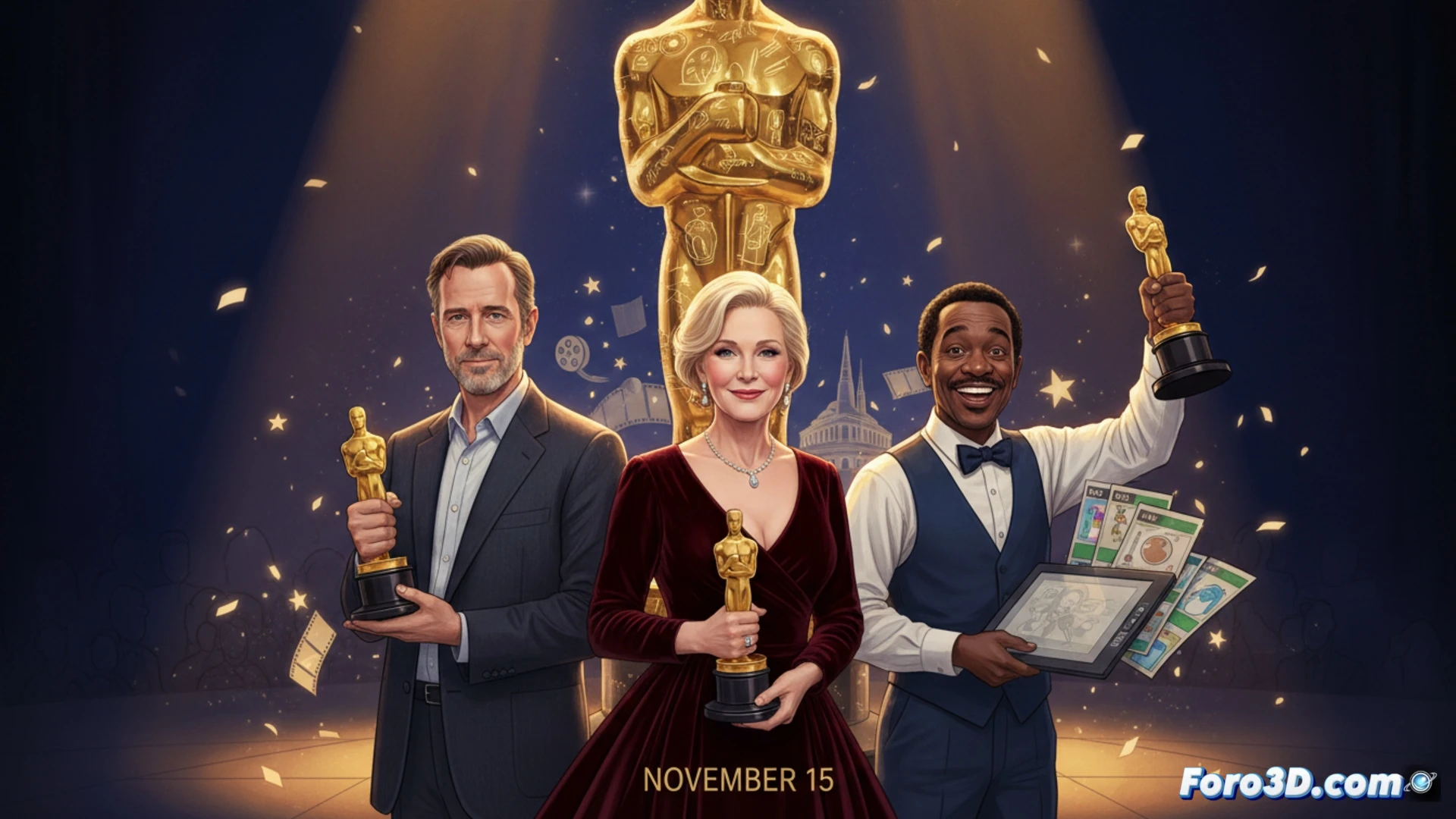 three cinematic figures on a stage under spotlight, Glenn Close holding a vintage film reel, Ridley Scott adjusting a 35mm camera lens, Floyd Norman sketching on a light table with animation cels floating around, Oscar statuette glowing on a pedestal in background, dramatic theater lighting, dark velvet curtains, polished brass fixtures, photorealistic technical illustration, shallow depth of field, warm amber highlights, dust particles in beams of light, honoring decades of craft
