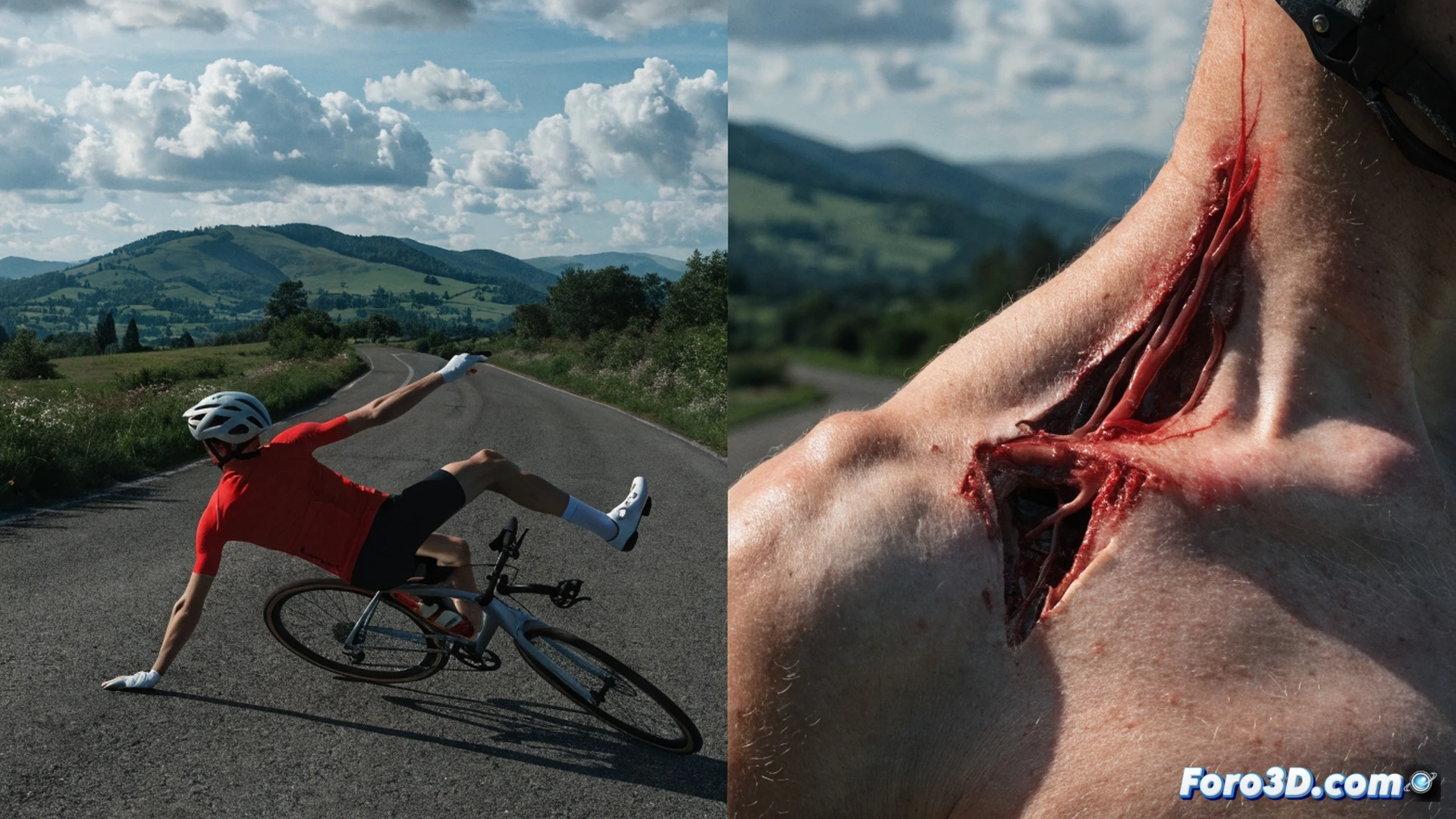professional cycling crash scene, rider falling sideways off carbon road bike on asphalt, left shoulder hitting ground at high impact angle, bike sliding with rear wheel spinning, broken carbon frame visible near handlebars, race number flapping loose, gravel and dust particles suspended in air, cinematic slow-motion action shot, dramatic low-angle perspective, race marshals running toward crash site, safety barriers and team cars blurred in background, overcast race day lighting, photorealistic sports photography style, ultra-detailed helmet and shoe scuff marks, tension in rider facial expression captured mid-fall, technical sports injury documentation aesthetic