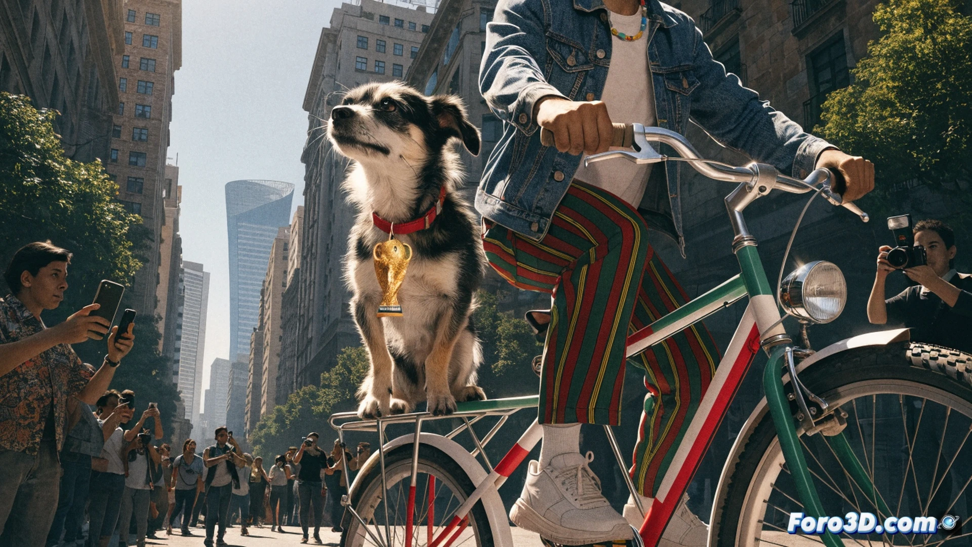 street scene in Mexico City during World Cup, a brown rescue dog named Osito sitting on a bicycle basket wearing a green jersey, his owner pedaling while fans crowd around taking photos with smartphones, confetti and flags waving in the background, warm golden hour sunlight casting long shadows, cinematic photorealistic style, shallow depth of field focusing on the dog’s joyful expression, motion blur on passing bicycles, vibrant Mexican flag colors, high-contrast dramatic lighting, ultra-detailed fur texture and reflective surfaces on bike frame