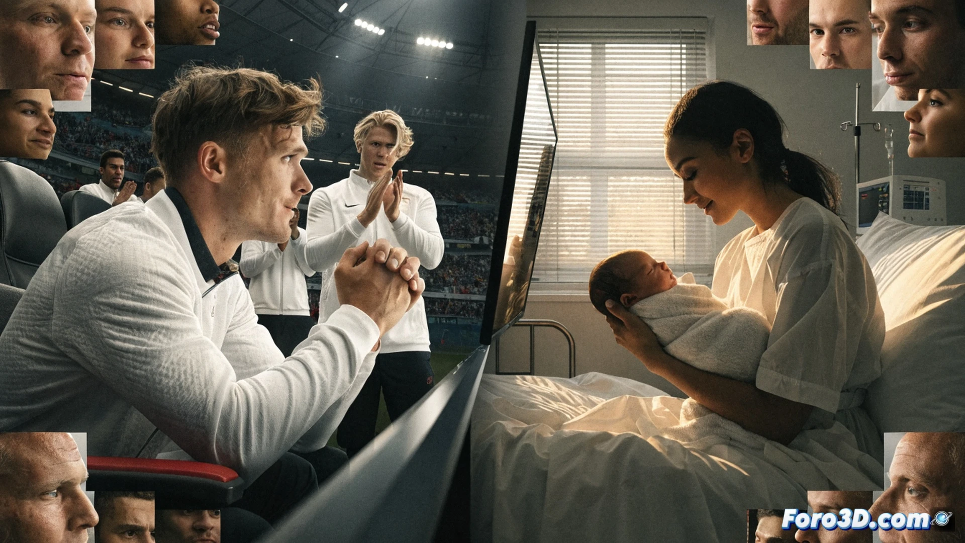 Norwegian footballer Leo Ostigard holding smartphone during video call, newborn baby face visible on screen, teammates Erling Haaland and others celebrating around him, modern locker room interior with team jerseys and equipment bags, emotional expressions, bright stadium lighting streaming through windows, cinematic photorealistic style, warm skin tones, shallow depth of field focusing on phone display, joyful atmosphere, professional sports environment, ultra-detailed textures of synthetic fabrics and leather boots