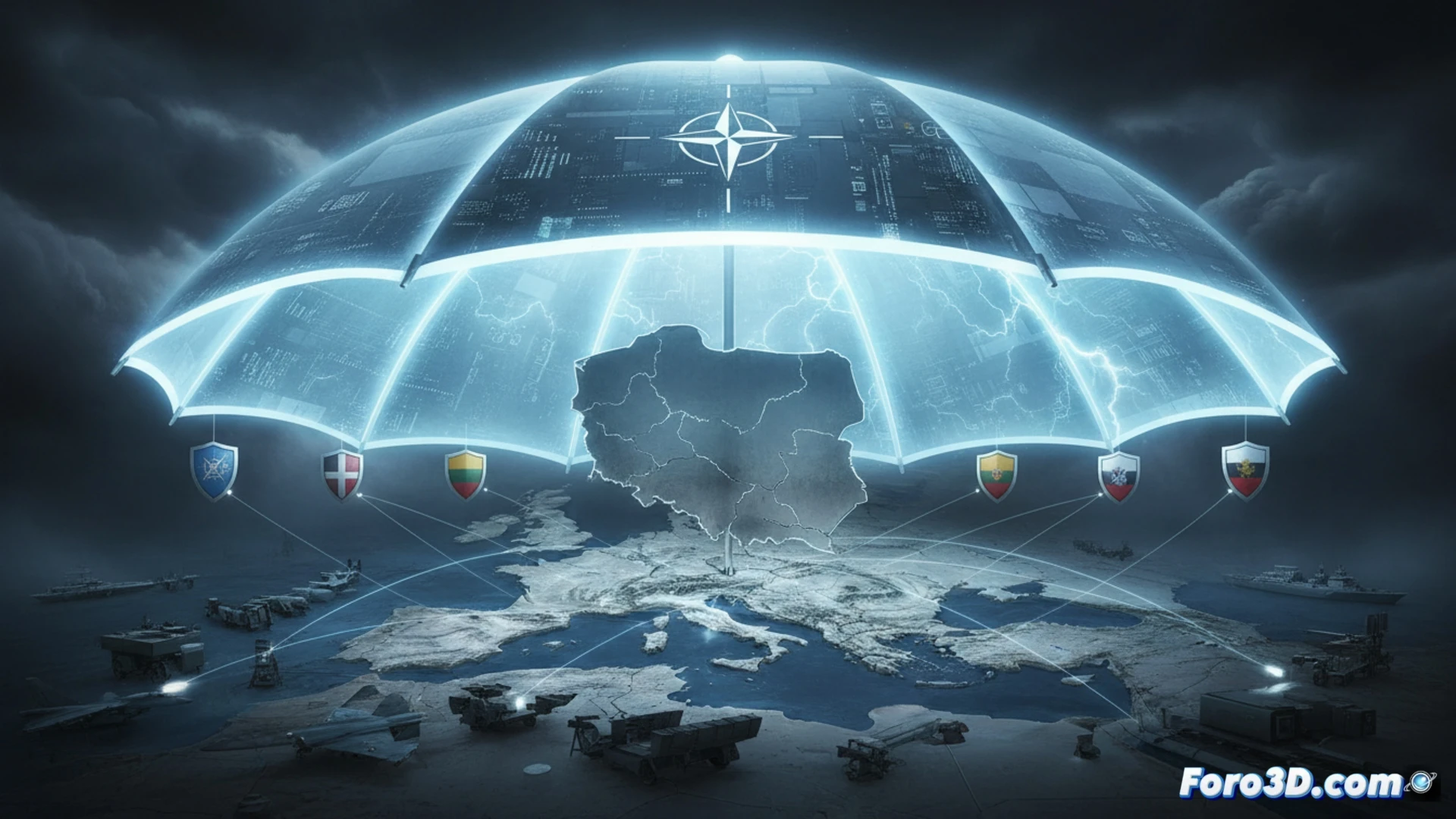 NATO nuclear sharing aircraft deployment scene, two F-16 fighter jets with visible tactical nuclear weapon pylons landing on a Baltic military runway, ground crew in hazmat gear performing inspection near hardened aircraft shelters, Eastern European forest backdrop under overcast sky, technical illustration style, photorealistic, dramatic low-angle shot, metallic fuselage reflections, weapon handling protocol demonstration, security perimeter with sensors, tension in atmosphere, cinematic lighting, ultra-detailed military hardware