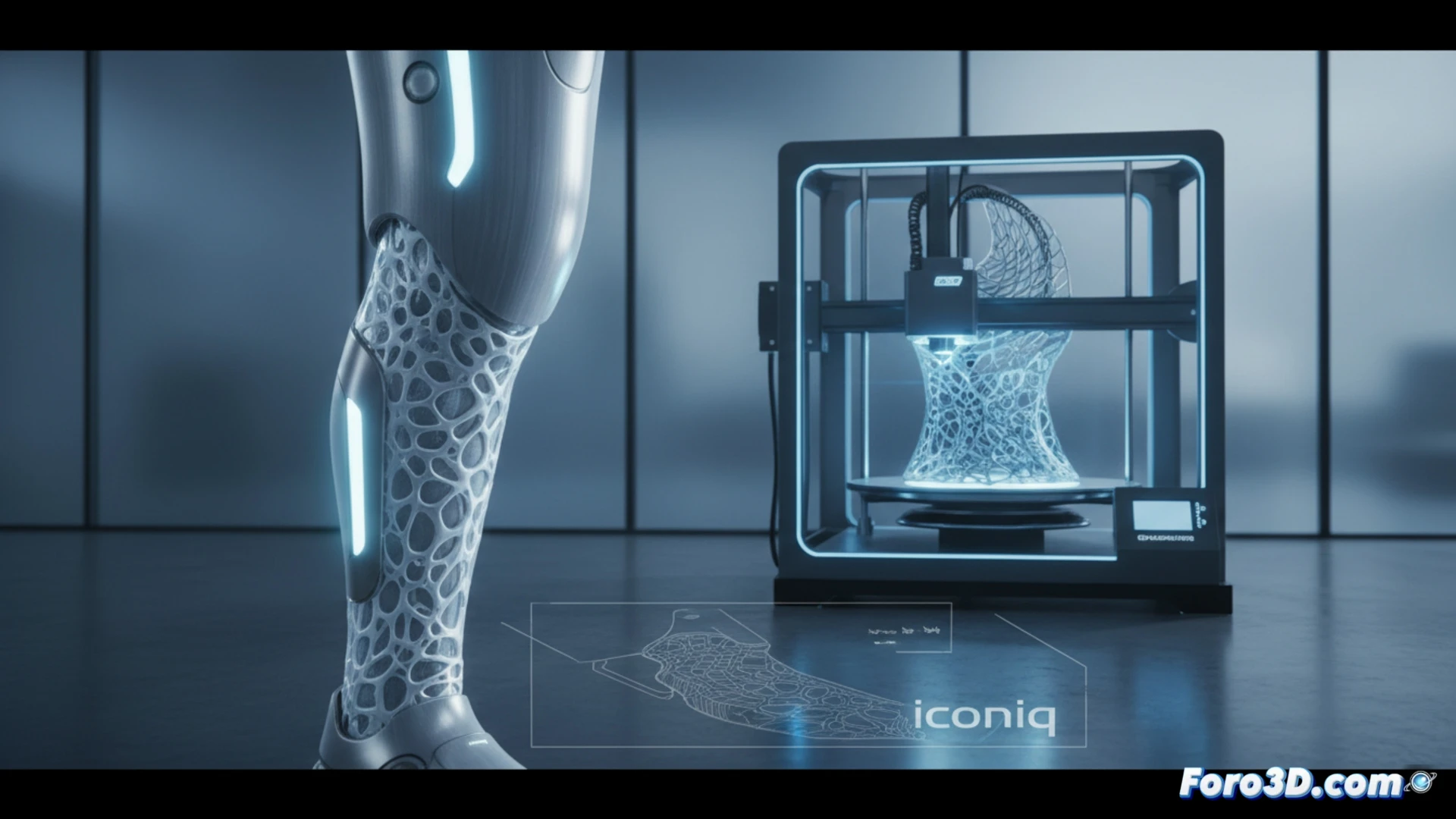Liner de silicona translúcido siendo extraído de una impresora 3D industrial, capas de material depositándose sobre una plataforma de construcción, muñón protésico personalizado mostrando ajuste anatómico preciso durante el proceso de fabricación, ingeniero ajustando parámetros en pantalla táctil de software CAD, brazo robótico posicionando el liner terminado, fondo con estanterías de prótesis modulares, luz azul fría de sala limpia, textura microporosa visible en superficie de silicona, cinematic engineering visualization, photorealistic technical render, iluminación dramática con reflejos metálicos, profundidad de campo focal en la boquilla de impresión.