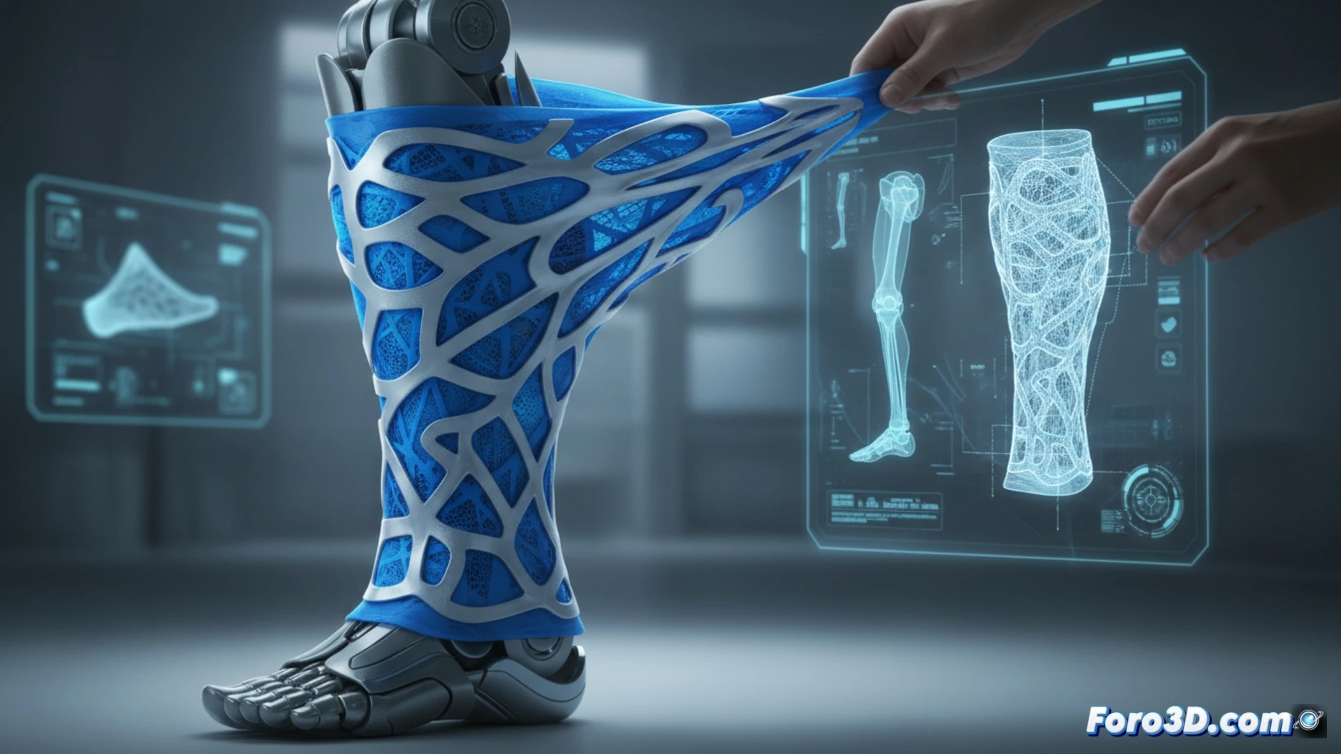 lower leg prosthetic scanning process, patient sitting with exposed residual limb while a handheld 3D scanner emits blue structured light grid over the skin, real-time point cloud data appearing on a nearby tablet screen, silicon liner being 3D printed layer by layer inside an industrial printer with translucent amber material, printer nozzle depositing fine silicone strands, prosthetic socket with custom iconiq liner being fitted onto a user standing and adjusting their balance, photorealistic medical engineering visualization, clean clinical lighting, soft shadows, ultra-detailed silicone texture, smooth matte finish, sterile white background, technical illustration style, sharp focus on scanning and printing process