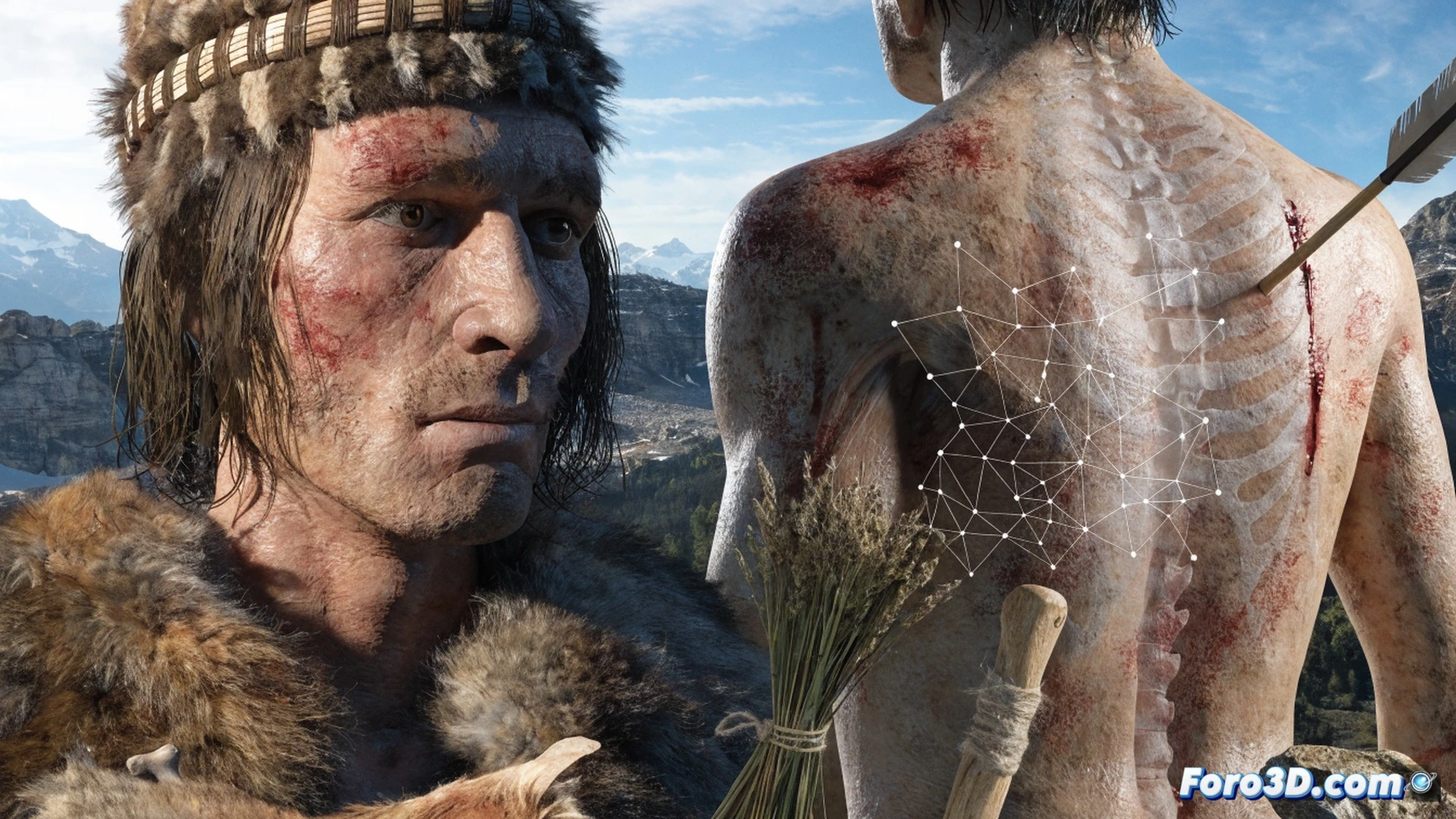 Neolithic hunter Ötzi frozen in alpine ice, arrow shaft protruding from his back with bloodstain spreading across fur tunic, forensic team in hazmat suits using CT scanner and 3D laser scanning tools around the corpse, glowing holographic skeletal reconstruction showing arrow trajectory through shoulder blade, copper axe and flint knife lying on glacier surface, dramatic low-angle cinematic lighting, ice crystals on clothing, photorealistic archaeological crime scene visualization, ultra-detailed texture of frozen skin and leather, cold blue-white atmosphere