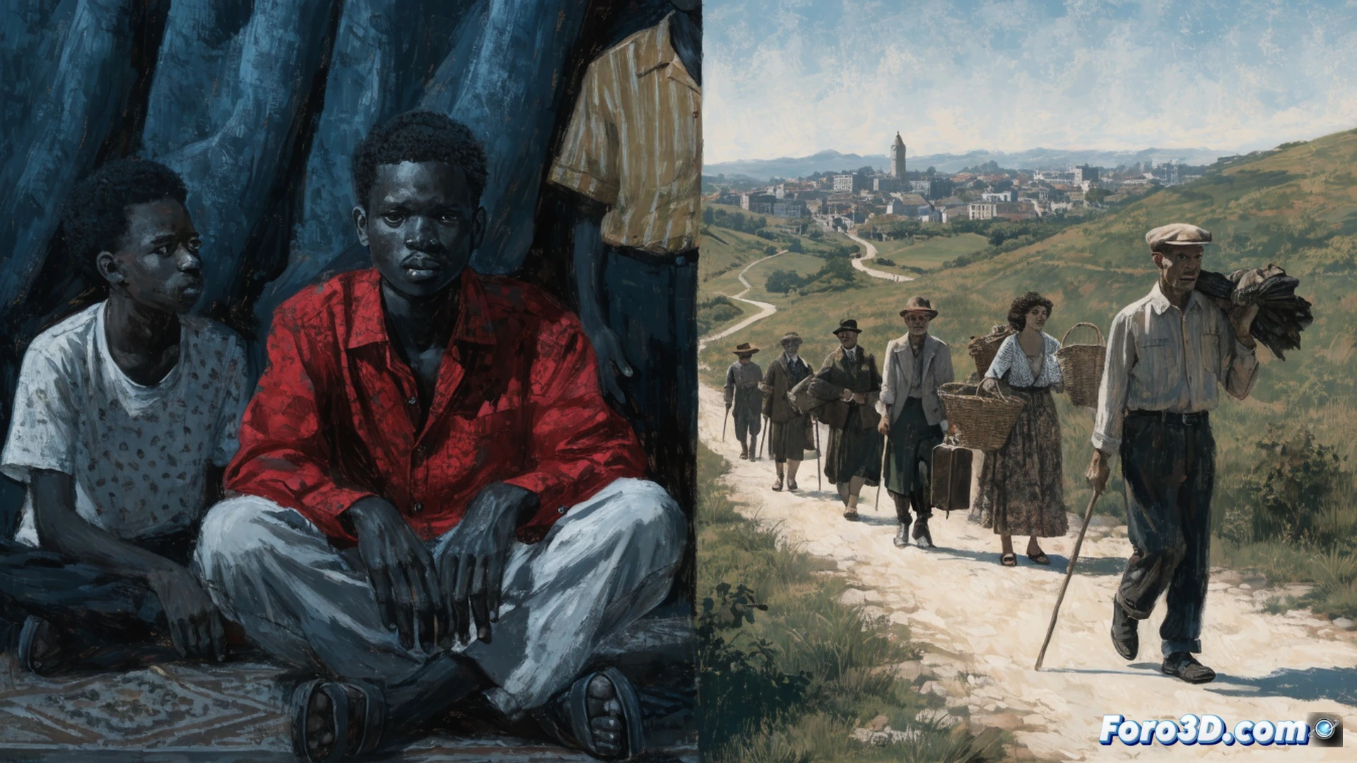 Ousman Umar de pie frente a un mapa de Europa y África, sosteniendo un libro abierto mientras señala una escena dividida: a la izquierda, trabajadores migrantes construyendo infraestructura con cascos y herramientas; a la derecha, una familia española emigrante de los años 50 con maletas en un puerto. Durante la transición, una mano humana conecta ambos lados con un cable de luz brillante. Cinematic photorealistic, iluminación dramática dorada, texturas metálicas y de papel antiguo, profundidad de campo, estilo documental técnico.