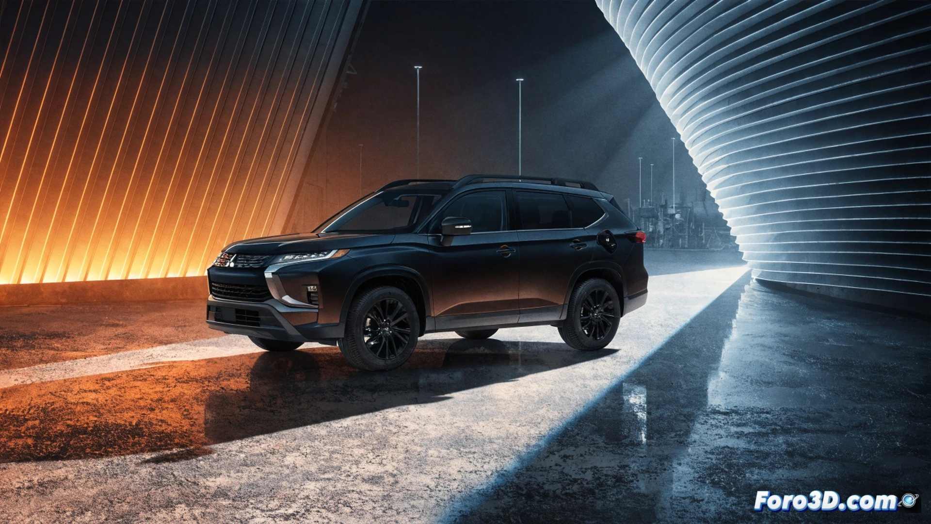 Mitsubishi Outlander SUV híbrido enchufable estacionado en un concesionario iluminado, capó abierto mostrando el motor y el cable de carga conectado al puerto frontal, etiqueta de precio gigante colgando del espejo retrovisor con un enorme símbolo de descuento, fondo con otros SUV rivales como Honda CR-V y BYD Seal U desenfocados y con precios más altos visibles en sus parabrisas, suelo mojado reflejando luces LED del techo, estilo fotorealista cinematográfico, iluminación dramática de showroom, detalles metálicos brillantes en la carrocería azul oscuro, neumáticos todoterreno con barro seco, ambiente comercial y de oferta