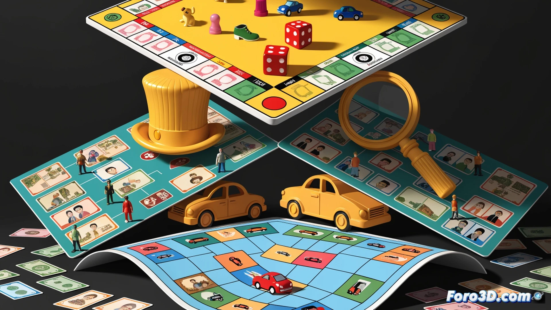 three children sitting around a wooden table, each holding a different gamepad, playing together on a single TV screen showing three simplified board game interfaces, Monopoly Jr tokens moving over colorful properties, Clue Jr magnifying glass scanning a room, The Game of Life Jr car advancing along a rainbow path, split-screen layout demonstrating local multiplayer action for up to four players, cozy family living room, soft warm lighting, photorealistic cinematic render, no text or numbers visible, technical illustration style focusing on controllers and screen as hardware components, joyful interaction during play session