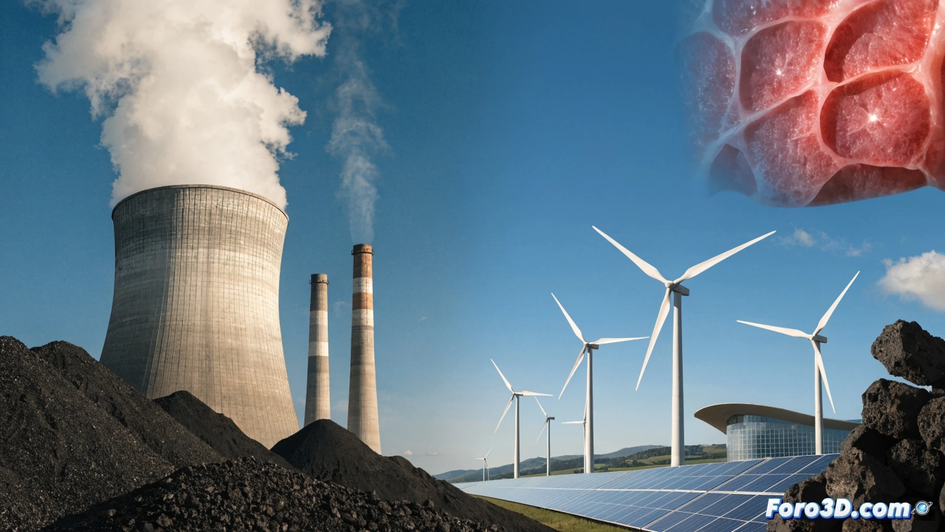Photorealistic split-scene power grid visualization, left side showing a massive coal-fired power plant with thick grey smoke rising from cooling towers while a digital energy monitor displays 35 percent coal share, right side showing a modern wind farm and solar panel field during sunset with green energy flow lines pulsing through transmission towers, in the foreground a residential electricity meter with red warning indicators showing volatile price fluctuations and a respiratory health icon fading into polluted air particles, cinematic technical illustration style, hyper-detailed industrial textures, realistic atmospheric haze transitioning from smoggy to clean, glowing renewable energy circuits, dramatic contrast lighting.