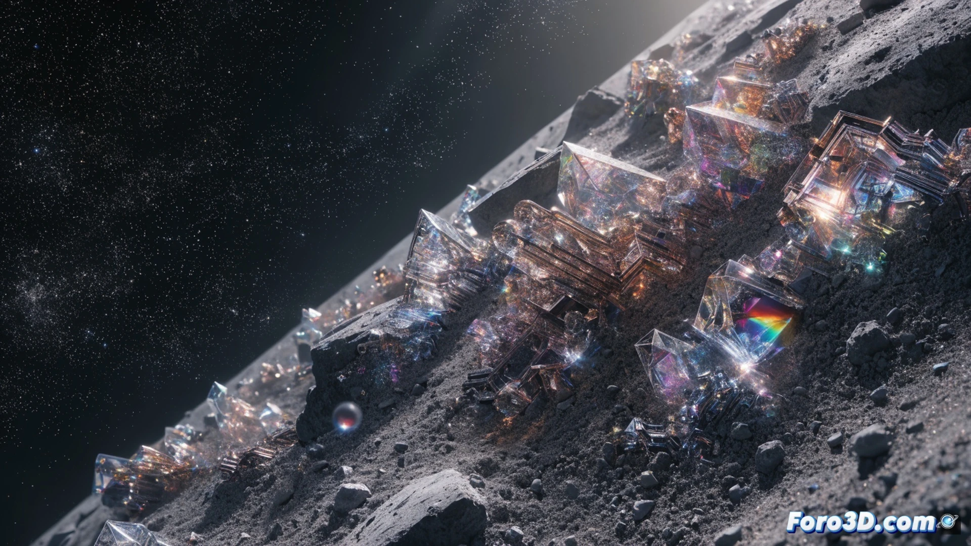Lunar surface panorama, astronaut glove collecting grey regolith with robotic tongs, microscopic alien tech fragments glowing faintly inside a transparent sample container, starlight reflecting off polished metallic debris, particle analysis hologram projected above a portable spectrometer, lunar horizon with Earth in background, cinematic engineering visualization, ultra-detailed space suit textures, dramatic cosmic lighting, photorealistic technical render