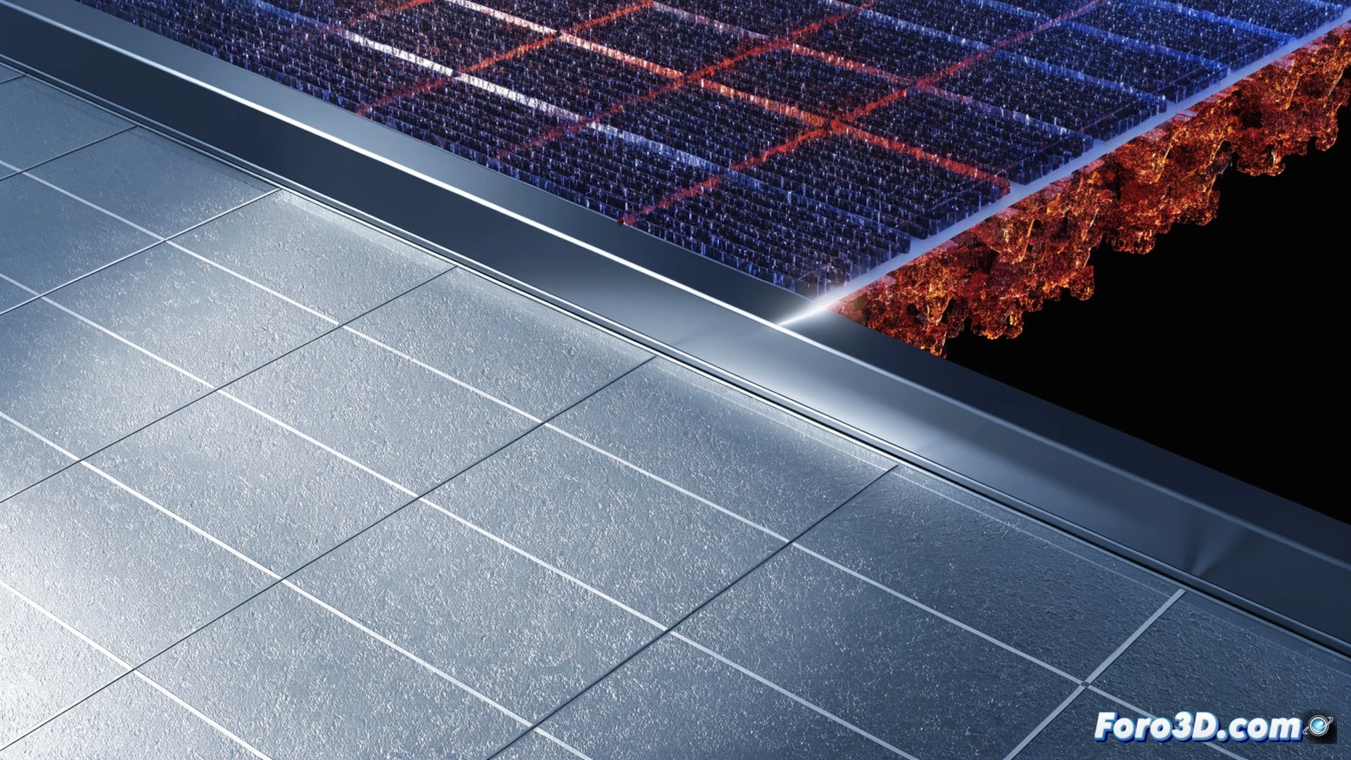 cross-section of a tandem perovskite-silicon solar cell, two distinct material layers stacked with visible crystalline textures, sunlight spectrum splitting into blue and red beams hitting each layer separately, glowing energy particles flowing downward through metallic contact fingers, technical engineering visualization, photorealistic material surfaces, nanoscale lattice structures faintly visible in perovskite top layer, silicon base with wafer-cut patterns, conductive grid lines collecting electron flow, dramatic backlighting from simulated solar spectrum, ultra-detailed semiconductor materials, clean industrial laboratory aesthetic