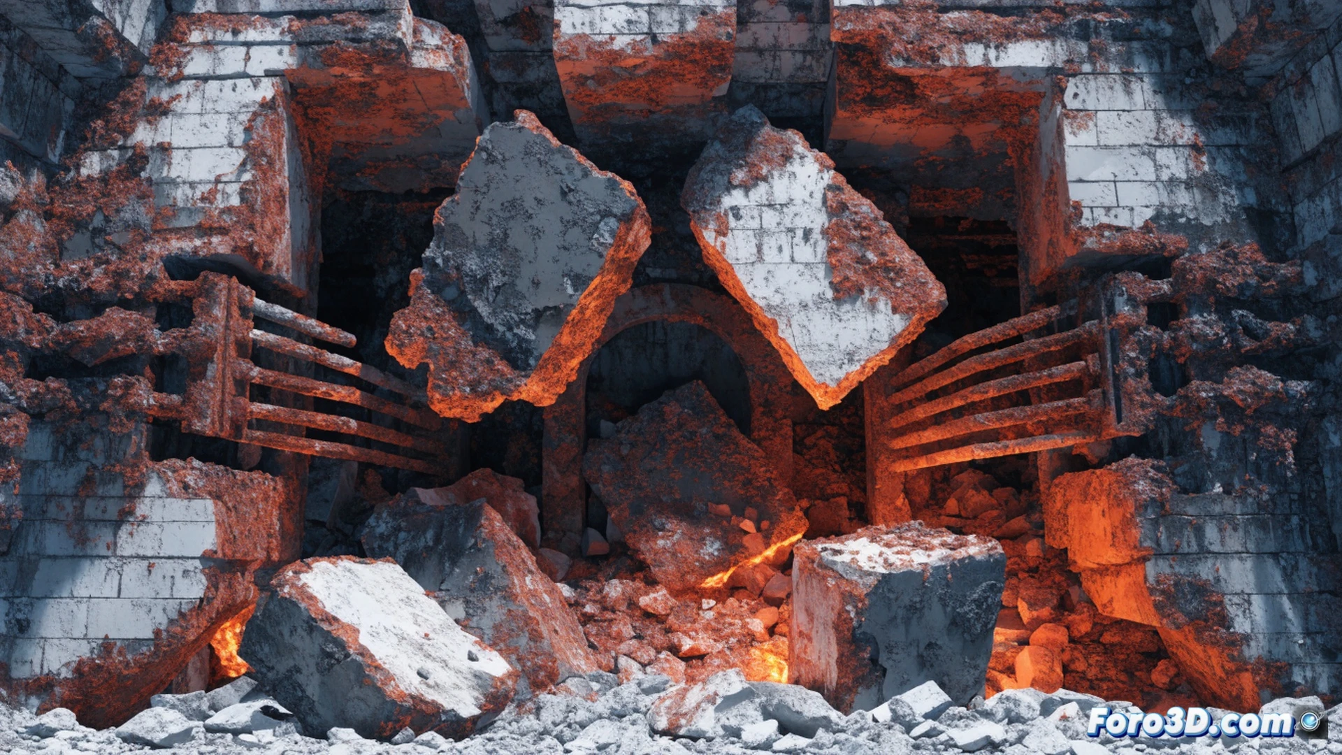 industrial furnace interior scene, refractory brick blocks falling from furnace ceiling, broken anchor rods visible with oxidized metal surfaces glowing orange, furnace walls showing thermal damage patterns, bright heat radiating from furnace floor, dust particles suspended in hot air, dramatic high-contrast lighting, cinematic engineering visualization, photorealistic technical render, ultra-detailed cracked refractory surfaces, molten slag drips, structural failure in progress, emergency shutdown atmosphere, heavy industrial machinery context