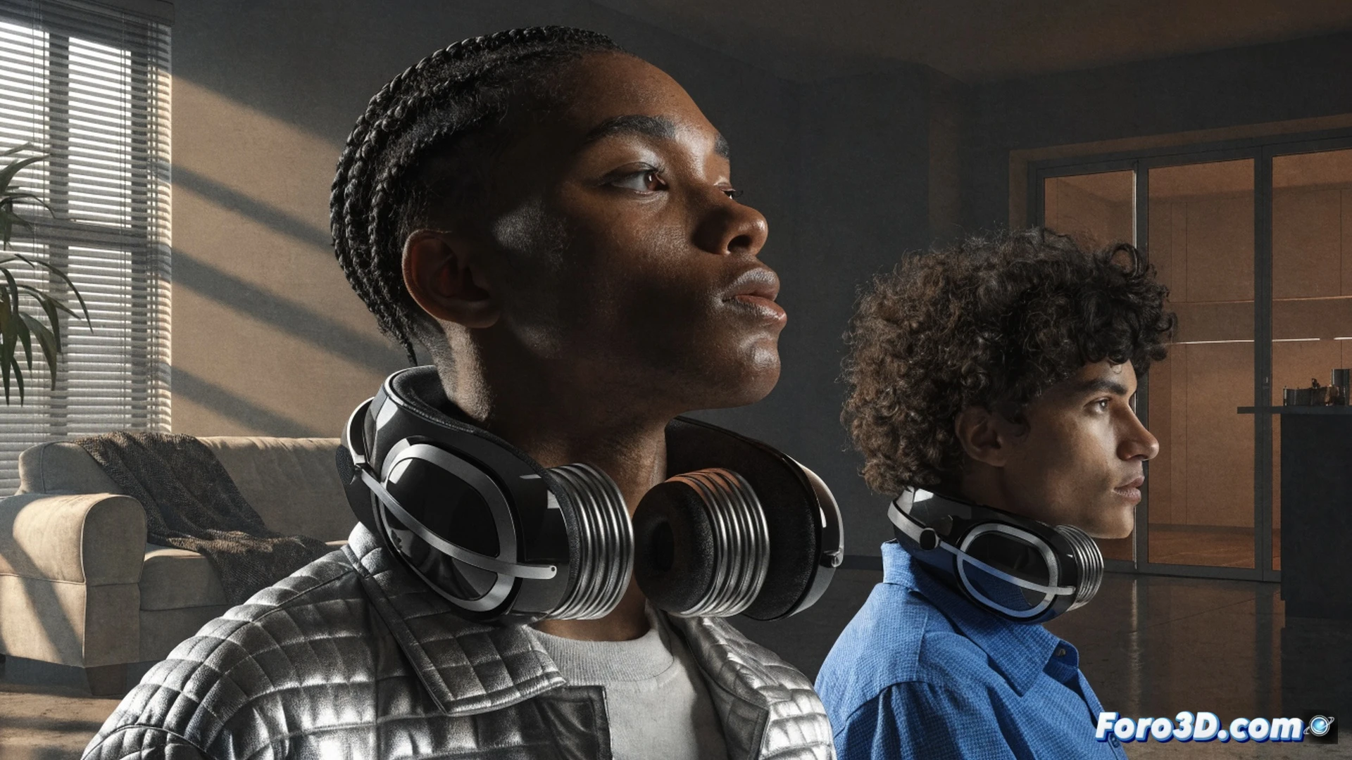 persona sentada en un sofá usando auriculares de cuello OXS Thunder Duo X, altavoces direccionales proyectando ondas sonoras azules hacia las orejas sin cubrirlas, fondo de sala de estar con ventana y gato moviéndose, consola de juegos y laptop abierta sobre la mesa, proceso de inmersión auditiva sin aislamiento, mostrando conciencia del entorno doméstico, líneas de sonido envolvente rodeando la cabeza, estilo cinematic photorealistic, iluminación cálida y técnica, render de producto detallado