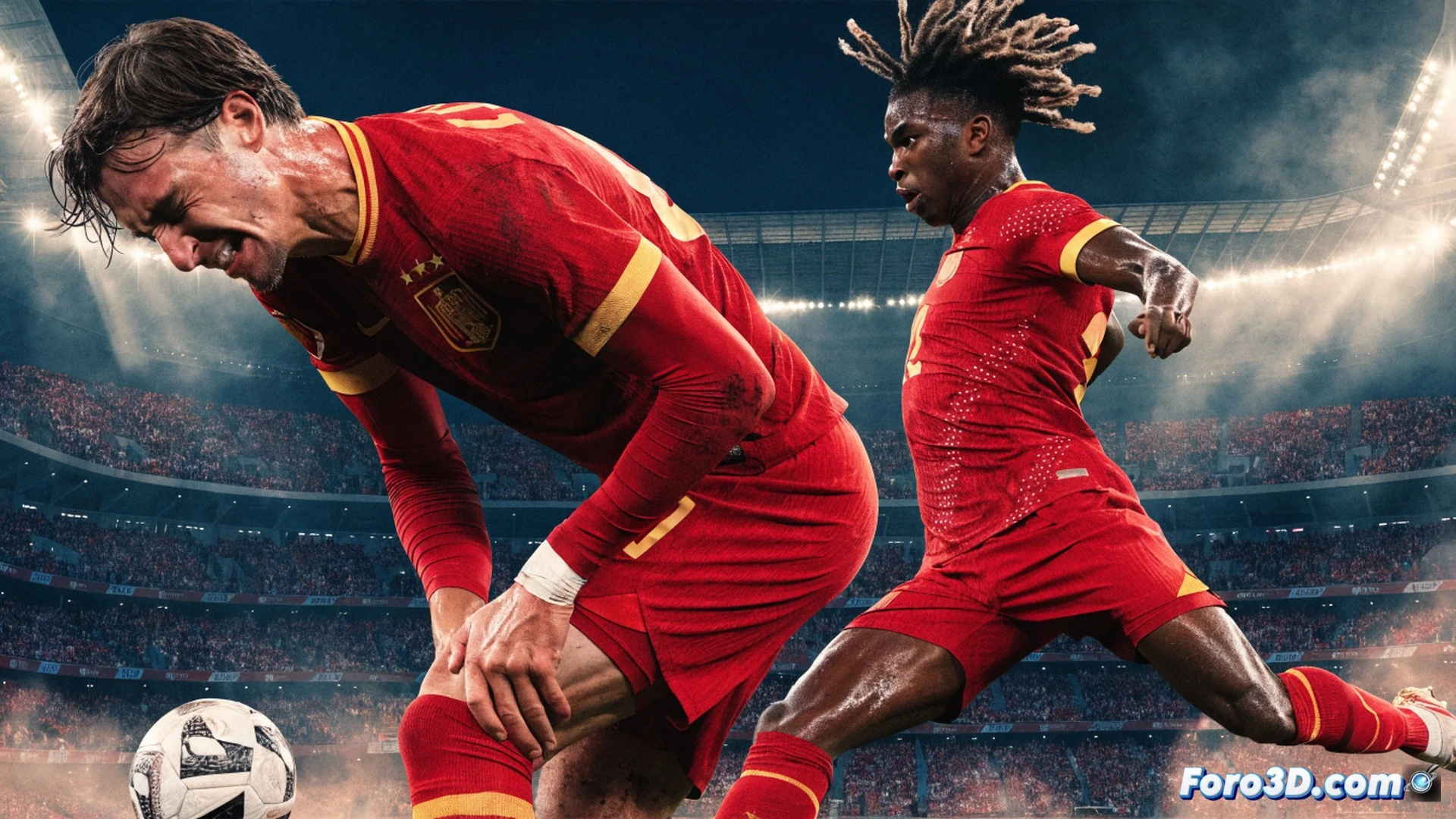 Spain national football team tactical scene, Mikel Oyarzabal running with slight limp while pressing a defender, Lamine Yamal dribbling past two opponents on the right wing, chaotic defensive formation breaking apart as defenders shift toward him, open space created in the center for a passing lane, green pitch under floodlights, stadium crowd blurred in background, dynamic action pose with motion blur on ball, photorealistic sports photography style, cinematic low-angle shot, sweat droplets visible on players, intense match lighting with shadows, ultra-detailed kit textures and grass blades, technical gameplay visualization