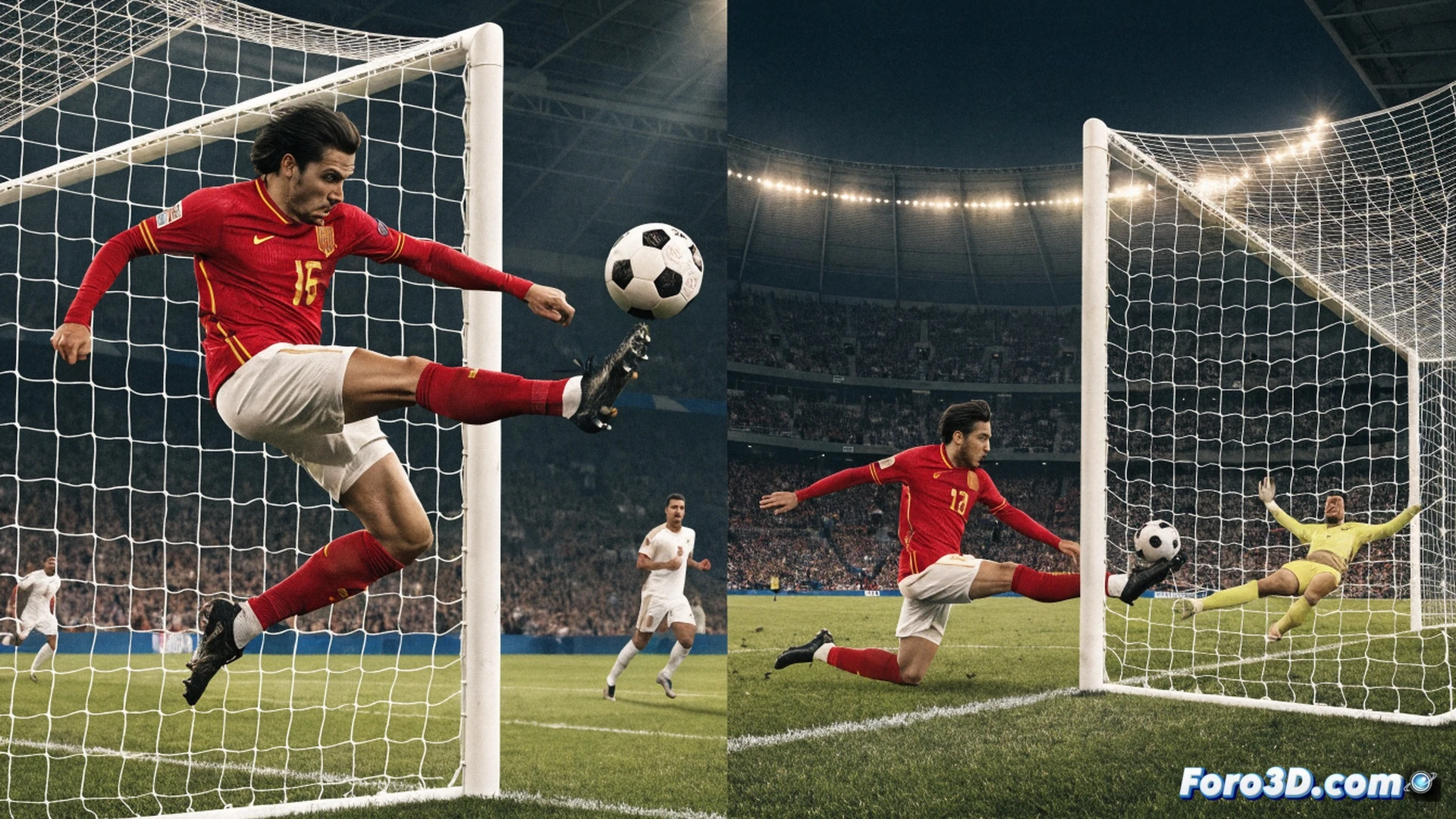 Spanish national team forward Mikel Oyarzabal celebrating a goal, arms wide open, teammates running toward him, stadium floodlights creating dramatic shadows on grass, football boots digging into turf while ball rests inside net, photorealistic sports photography style, dynamic motion freeze-frame, sweat droplets visible, intense emotional expression of teamwork, deep green pitch contrasting with white jersey, wide-angle lens perspective showing crowd blurred in background, technical action shot capturing peak athletic movement and collective joy