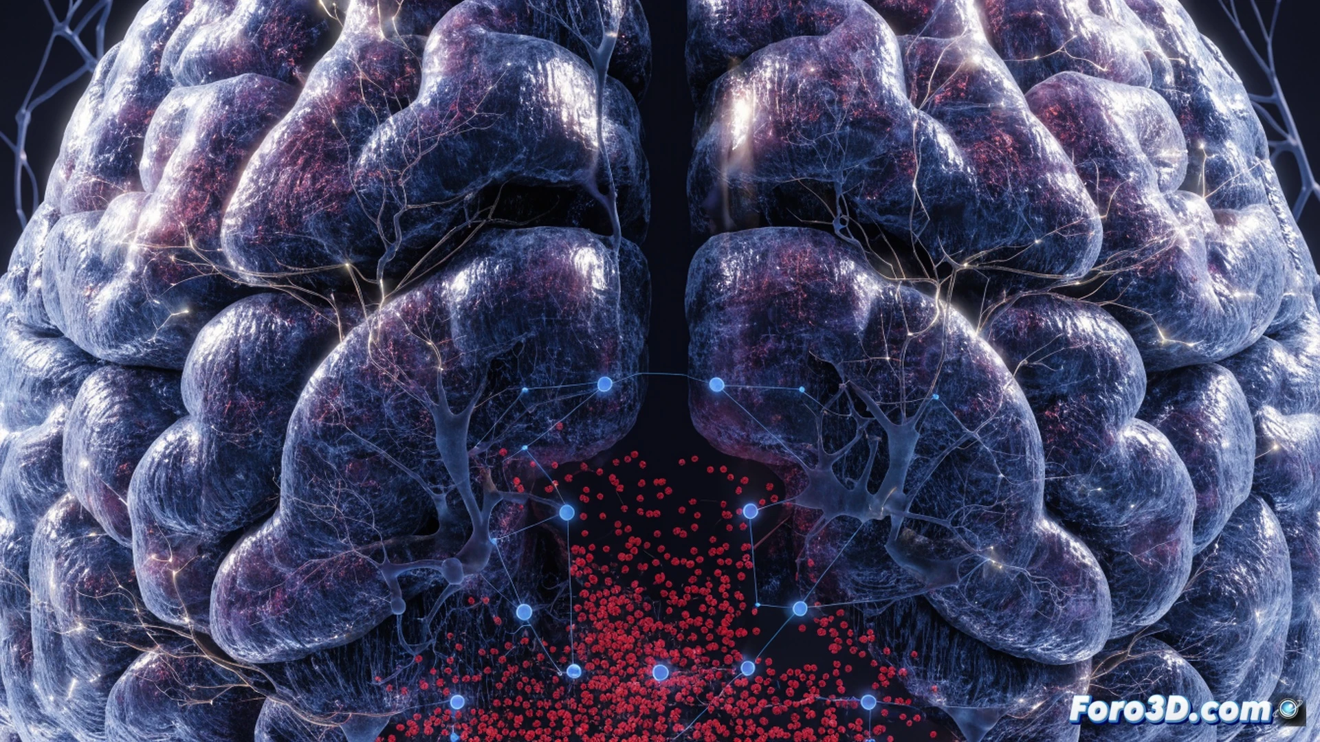 close-up of a human brain neural network with glowing synapses being interrupted by a semaglutide molecular structure, a hand reaching for a bottle of alcohol stopping mid-motion, while a violent impulse represented as a red energy wave dissolves into calm blue particles, photorealistic medical illustration, cinematic lighting, detailed neural pathways, molecular model floating near the brain, soft gradient background, ultra-realistic textures, technical visualization of impulse control process