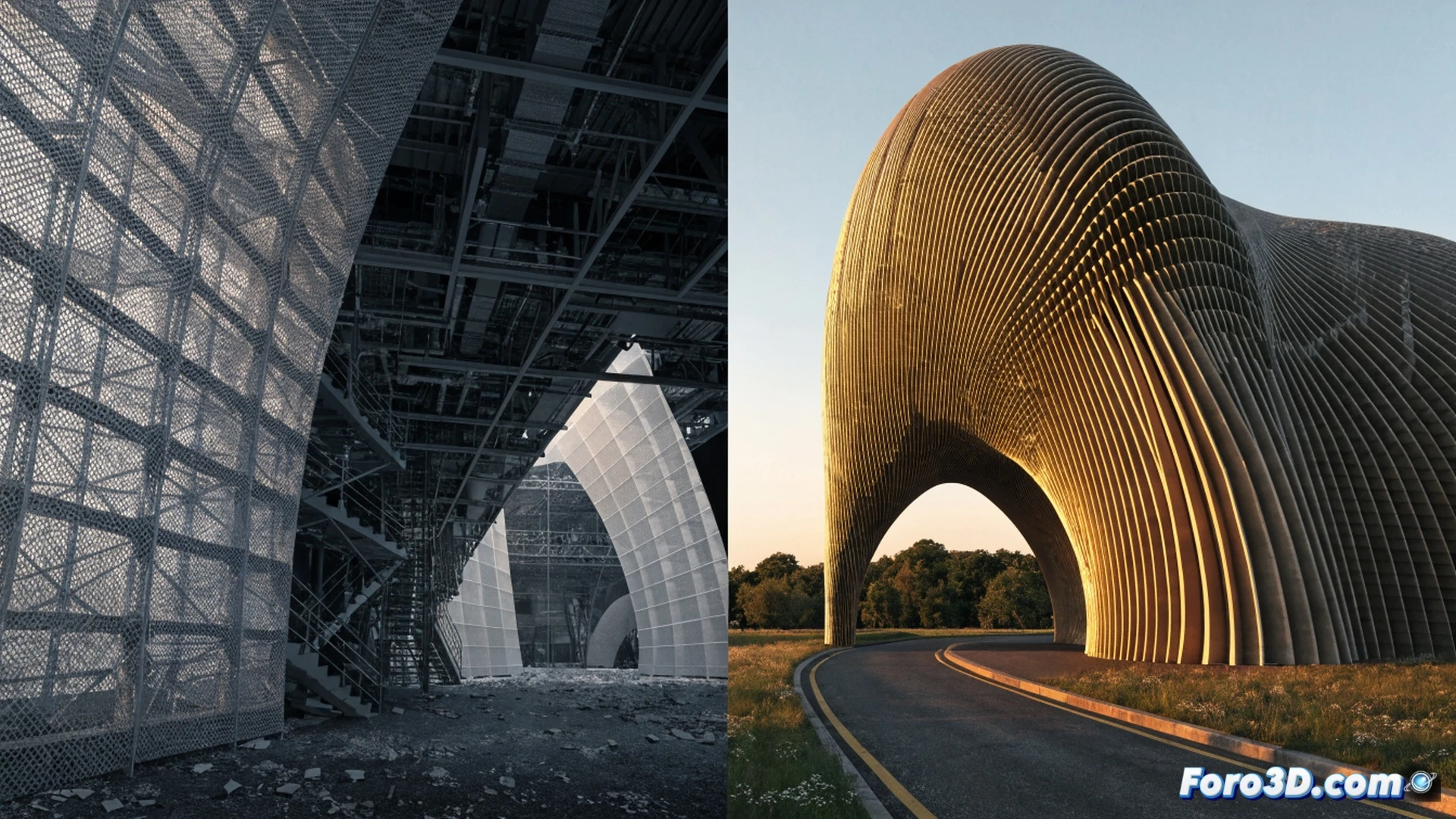 Pabellón Serpentine 2026 en construcción incompleta, grúas metálicas suspendidas sobre estructura de acero y vidrio parcialmente ensamblada, andamios tubulares rodeando secciones vacías, cables eléctricos colgando mientras trabajadores técnicos revisan paneles solares desconectados, herramientas de corte sobre el suelo de concreto, reflectores industriales iluminando el esqueleto arquitectónico, público observando desde barreras perimetrales, atmósfera gris de Londres, estilo de visualización técnica cinematográfica, render fotorrealista con texturas de construcción y acero oxidado, luces de seguridad parpadeando durante el atardecer.