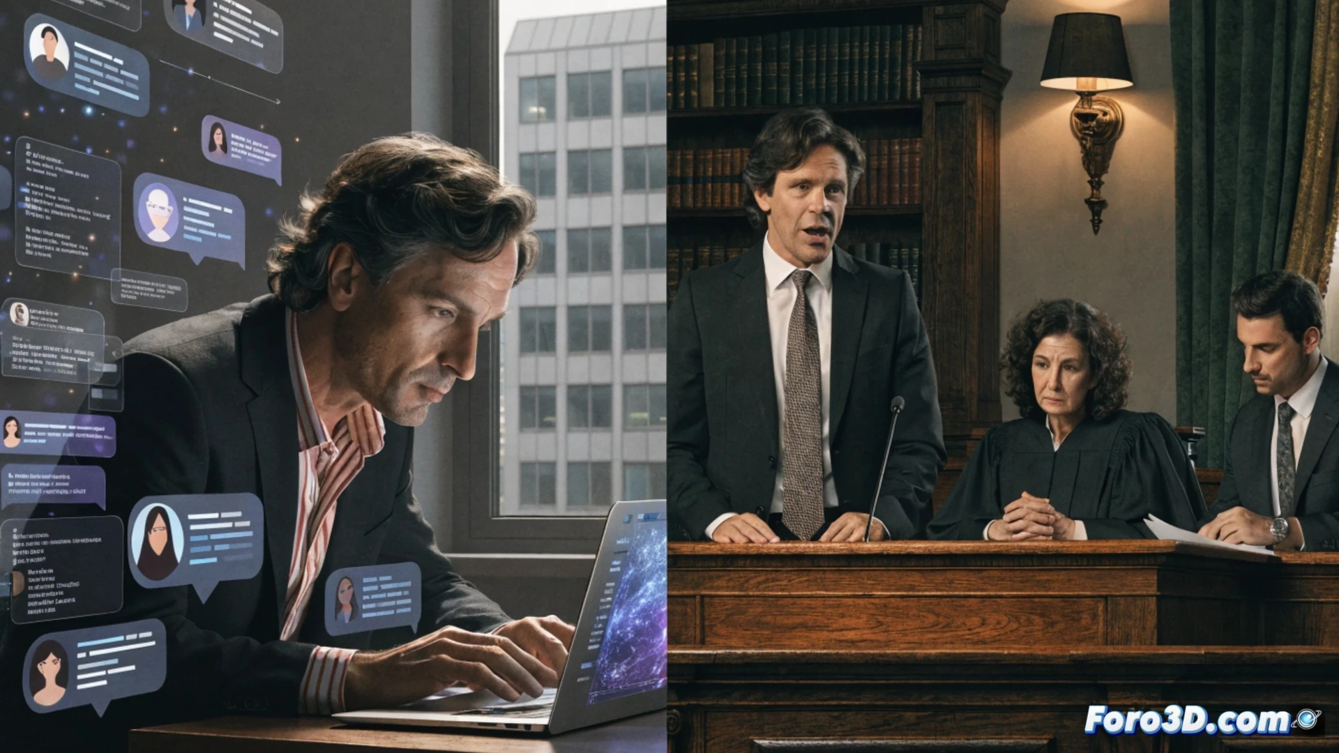 Cinematic courtroom scene, Pablo Iglesias seated at a wooden desk facing a laptop screen showing a Twitter feed with highlighted messages, his hand clicking a mouse while a prosecutor points at a digital evidence projection on the wall, glowing network lines connecting user avatars, gavel on judge’s bench, blurred audience in background, dramatic chiaroscuro lighting, photorealistic technical illustration, 8K detail, legal technology atmosphere, tension visible in facial expressions, dark wood and blue screen reflections.