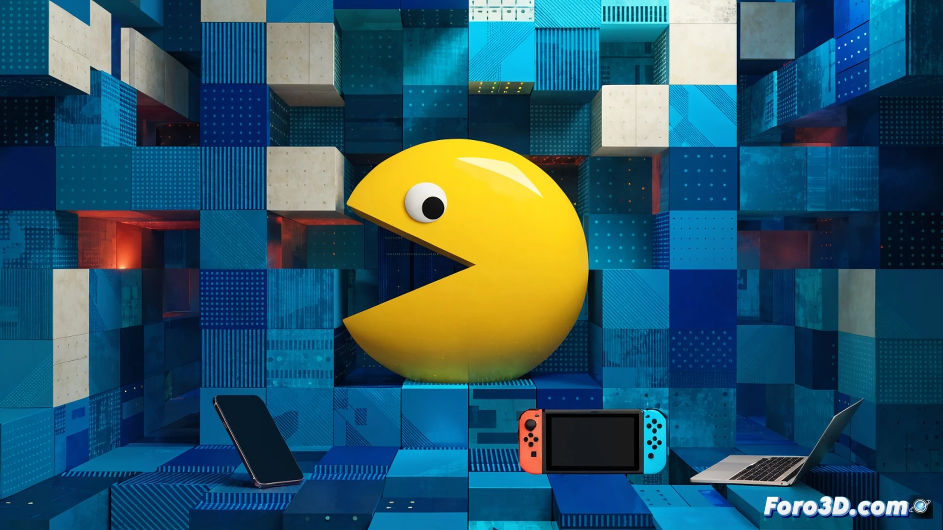 Retro arcade cabinet screen glowing in dark room, PAC-MAN yellow character mid-maze navigating pixelated corridors while pursued by blinking ghosts Blinky and Pinky, player finger pressing smartphone touchscreen showing identical classic maze layout, Nintendo Switch console beside phone displaying same level, laptop PC screen in background mirroring gameplay, modern devices contrasting with vintage 8-bit pixel art style, cinematic technical illustration, warm neon glow from screen illuminating plastic joystick and buttons, dust particles floating in light beam, nostalgic gaming atmosphere, photorealistic render