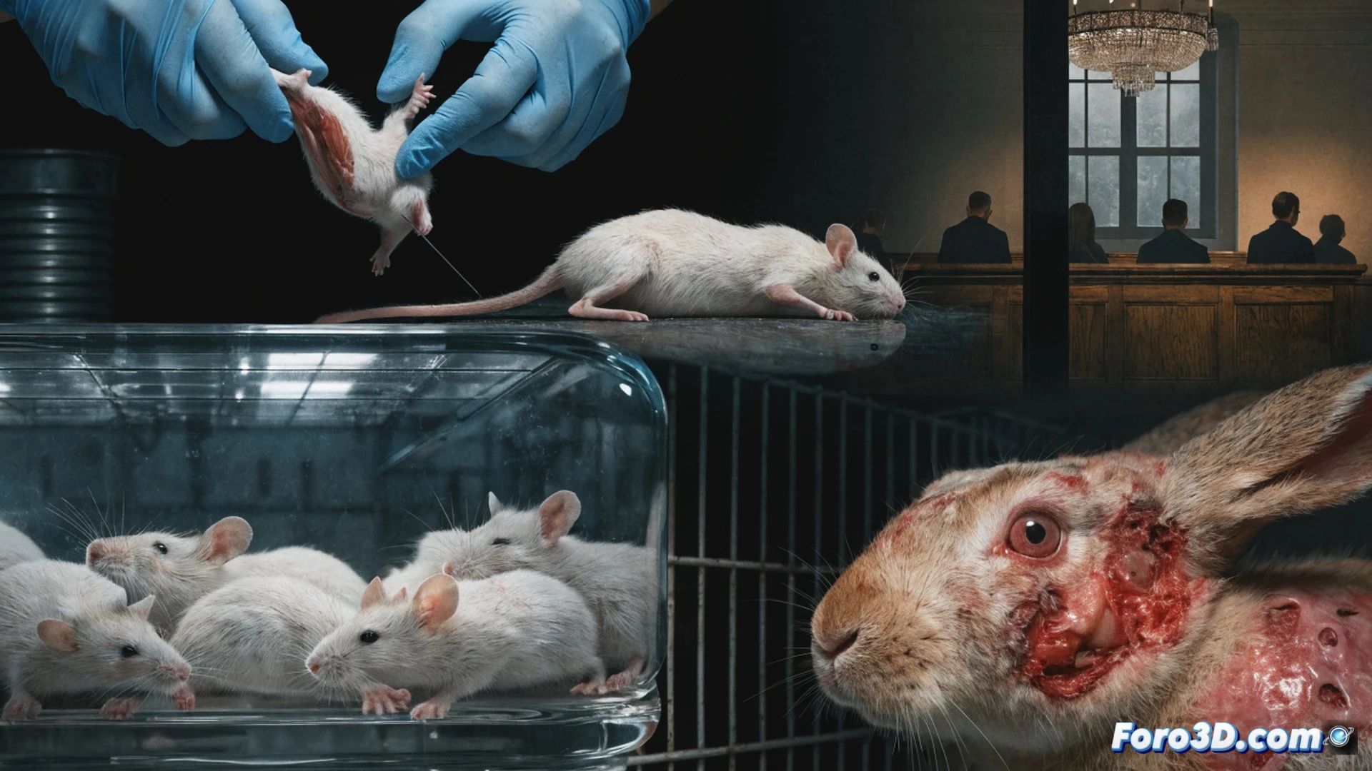 Laboratorio de experimentación animal, jaulas metálicas apiladas con ratas y conejos heridos, un técnico manipulando una jeringa sin anestesia sobre una rata inmovilizada, lesiones visibles en extremidades, cámara de vigilancia grabando la escena desde el techo, luz blanca fría de fluorescentes, superficies de acero inoxidable manchadas, ambiente clínico sombrío, estilo cinematográfico fotorrealista, enfoque nítido en el sufrimiento animal durante el procedimiento, composición tensa y documental.