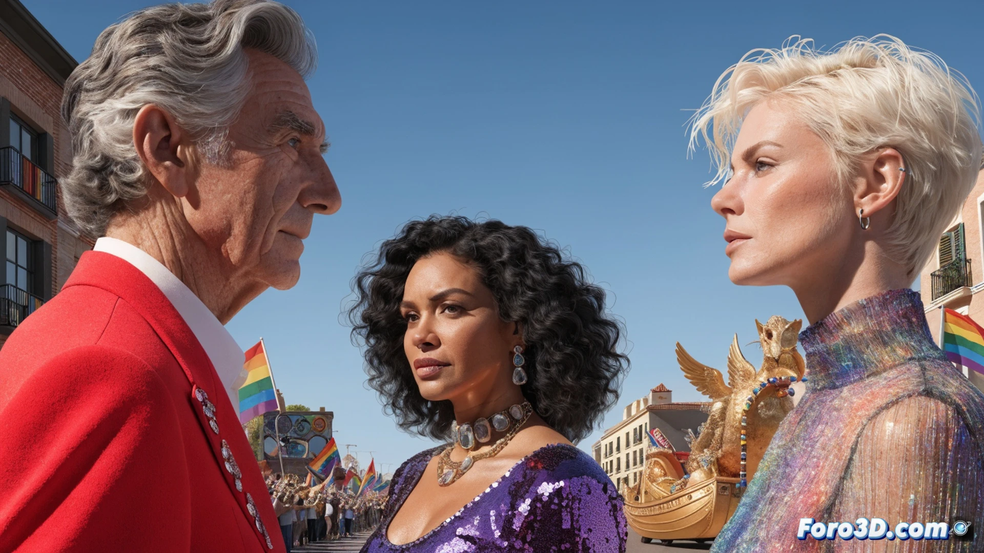 Paco Clavel en el centro del escenario del Pride de Valdepeñas, ondeando una bandera arcoíris gigante mientras el público agita banderas pequeñas, María Isabel y Sonia Madoc a su lado aplaudiendo, escenario con luces LED multicolor, altavoces profesionales y cables de audio visibles, fotografía técnica cinematográfica, iluminación dramática de concierto, multitud diversa celebrando, sensación de movimiento y energía vibrante, estilo photorealistic con detalles nítidos de textiles y equipos de sonido