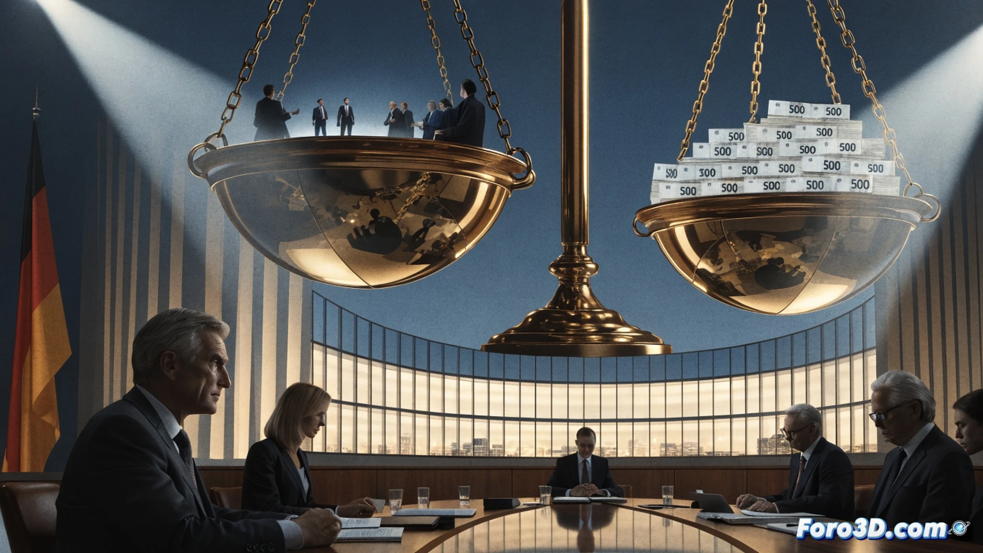 modern courtroom interior, large digital case management screen displaying 450 million euro funding graph, overloaded filing cabinets overflowing with legal documents in background, judge and clerk reviewing digital tablet showing reduced case backlog, multiple monitors with court scheduling software showing cleared timelines, golden light streaming through tall windows symbolizing justice, cinematic photorealistic technical illustration, dramatic chiaroscuro lighting, ultra-detailed wood paneling and legal books, glowing holographic data projections over the bench, motion blur on a lawyer walking quickly with a slimmed-down case folder