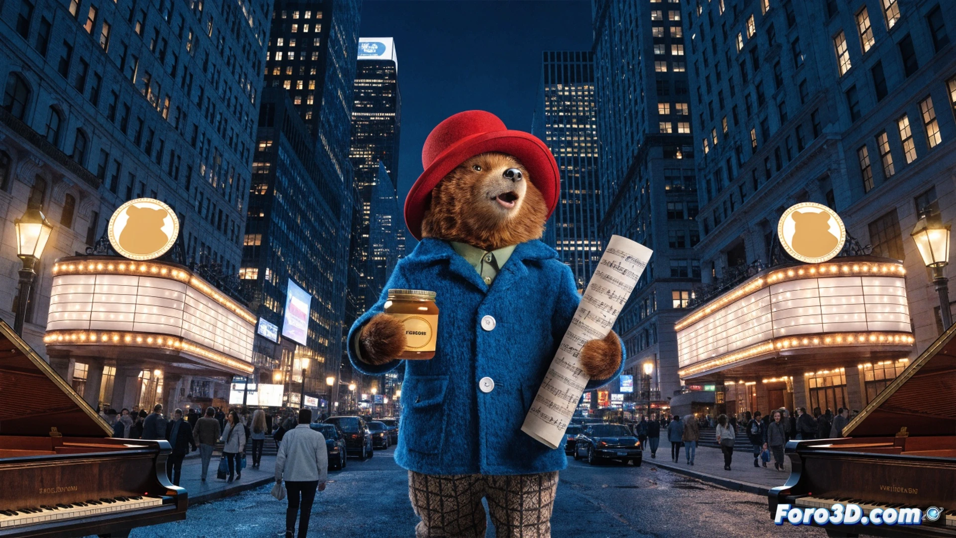 Paddington Bear adjusting his blue duffle coat while holding a marmalade jar on a Broadway stage, stagehands adjusting vintage theatre spotlights and sound equipment during a musical rehearsal, orchestra pit visible with sheet music stands and brass instruments, vintage red velvet curtains framing the scene, cinematic photorealistic visualization, warm golden stage lighting illuminating the set, detailed fabric textures and polished wooden floorboards, dramatic shadows from overhead rigging, ultra-detailed theatrical atmosphere, festive family entertainment mood