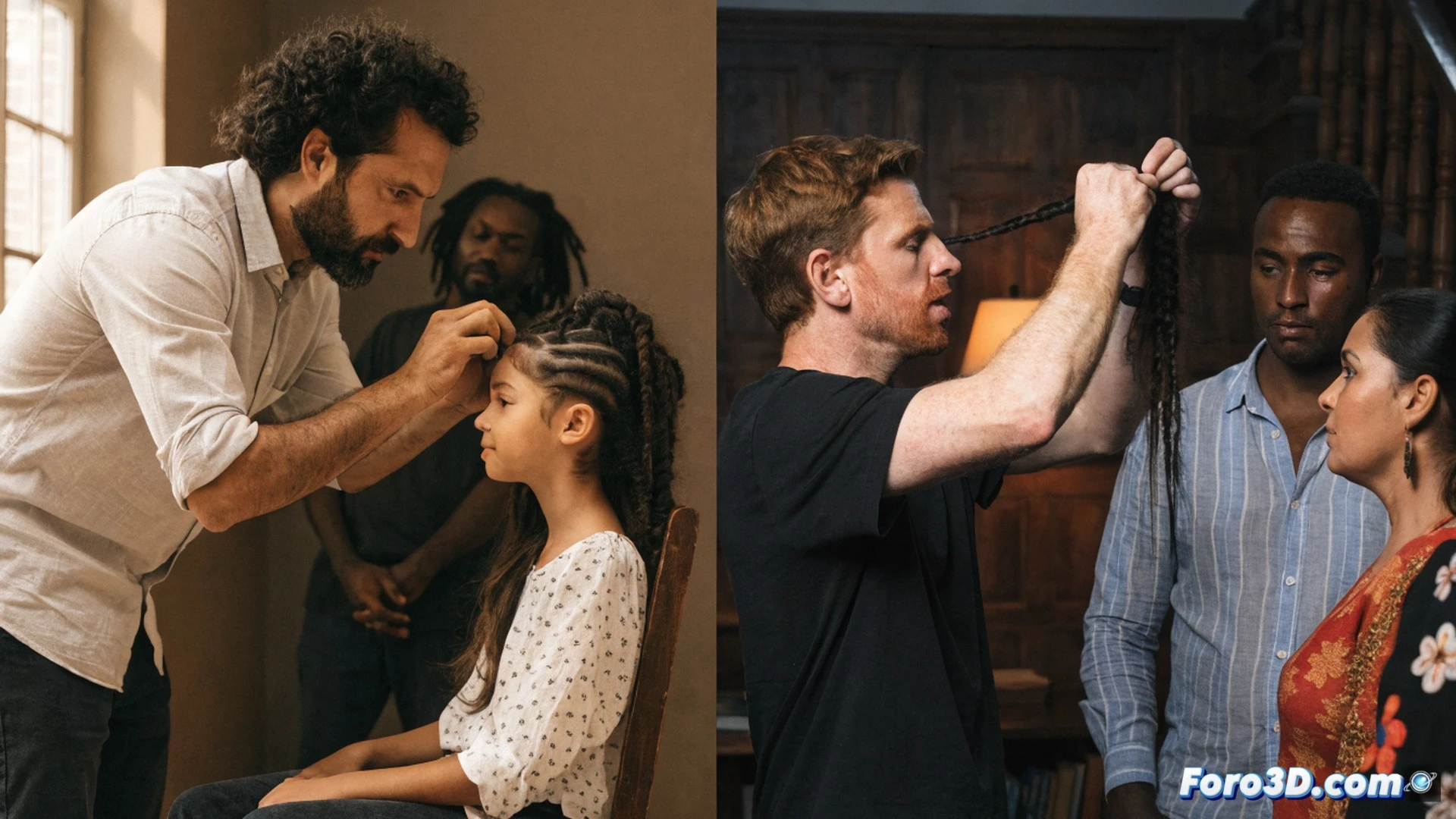 Photorealistic scene of three fathers learning to braid hair in a bright workshop, one father holding a mannequin head with long hair while using a fine-tooth comb and hair clips, another father practicing a Dutch braid on a seated child, a third father watching a tutorial on a tablet propped on a table, scattered hair ties and spray bottles on the surface, warm natural light from a large window, diverse fathers laughing and focusing, cozy community center setting, detailed hair strands and braiding technique visible, hands in action during the learning process, soft focus background with shelves of hair products, cinematic documentary style, inclusive family atmosphere, neutral beige walls, wooden chairs, realistic skin textures and expressions