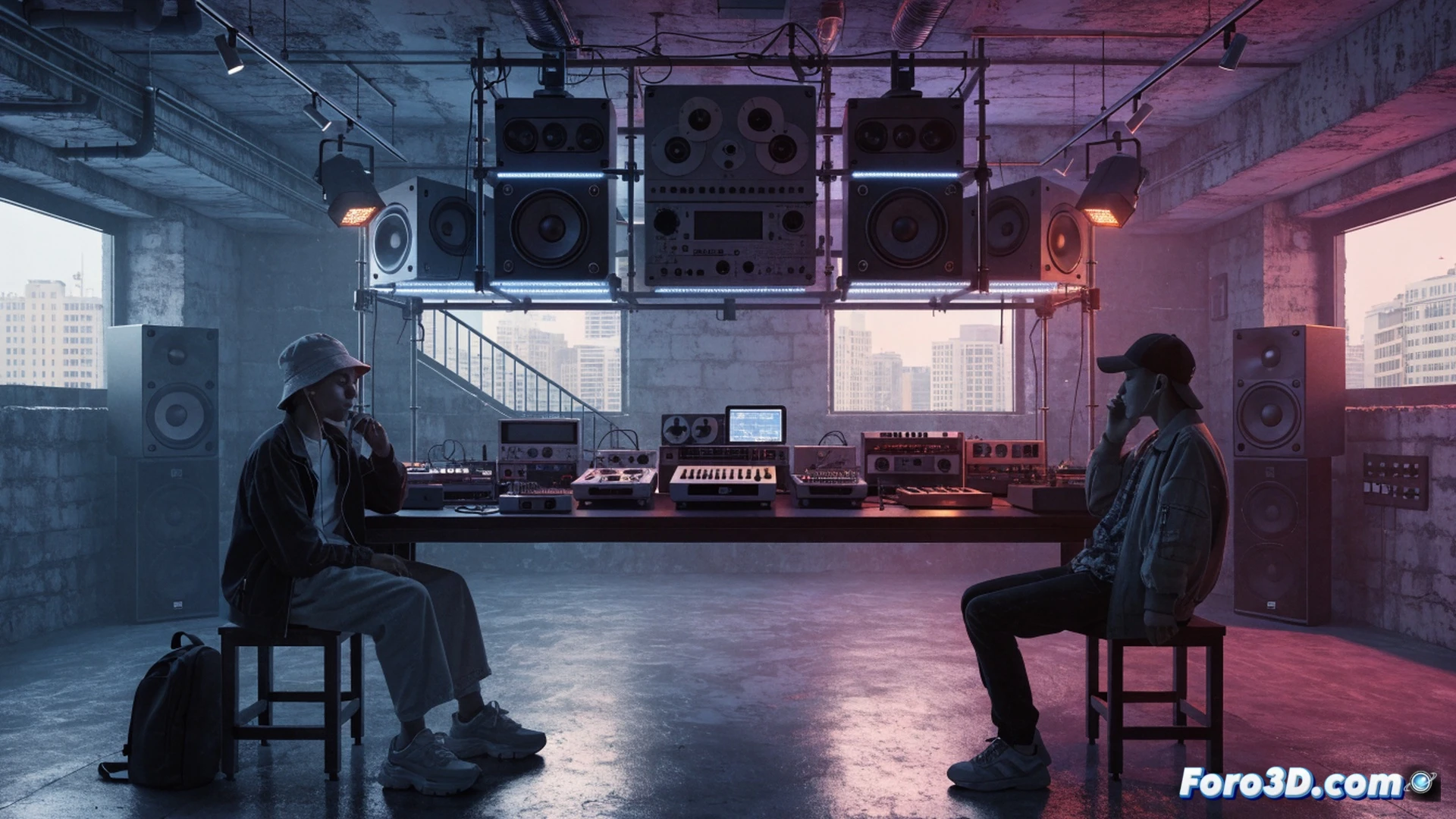 Underground concrete room with a single glowing smartphone on a wooden stool, a young person sitting on the floor with eyes closed and headphones over ears, empty walls and exposed pipes, the phone screen showing a paused music app, dust particles suspended in cold blue light, contrast between the dark cramped space and the illusion of digital connection, cinematic photorealistic style, shallow depth of field, damp texture on walls, single overhead bulb casting harsh shadows, hyper-detailed concrete grain and rusted metal vents