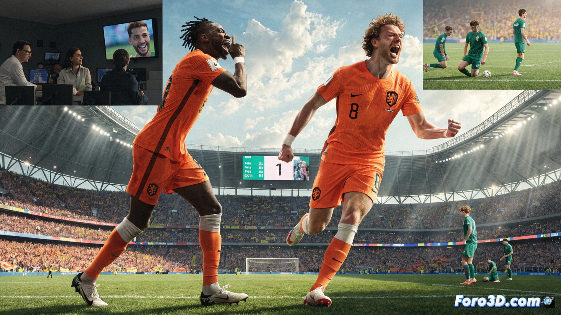 Dutch national football team in a stadium during a high-speed counterattack, Brian Brobbey striking a soccer ball with his right foot while airborne, Cody Gakpo sprinting into space on the left wing, synthetic turf blades bending from the impact, tactical formation lines glowing faintly on the field surface, stadium floodlights casting dramatic shadows, motion blur on players and ball, photorealistic cinematic sports visualization, dynamic angle from behind Brobbey showing the goal frame in distance, crowd silhouettes blurred in background, ultra-detailed jerseys and boot textures, technical action render