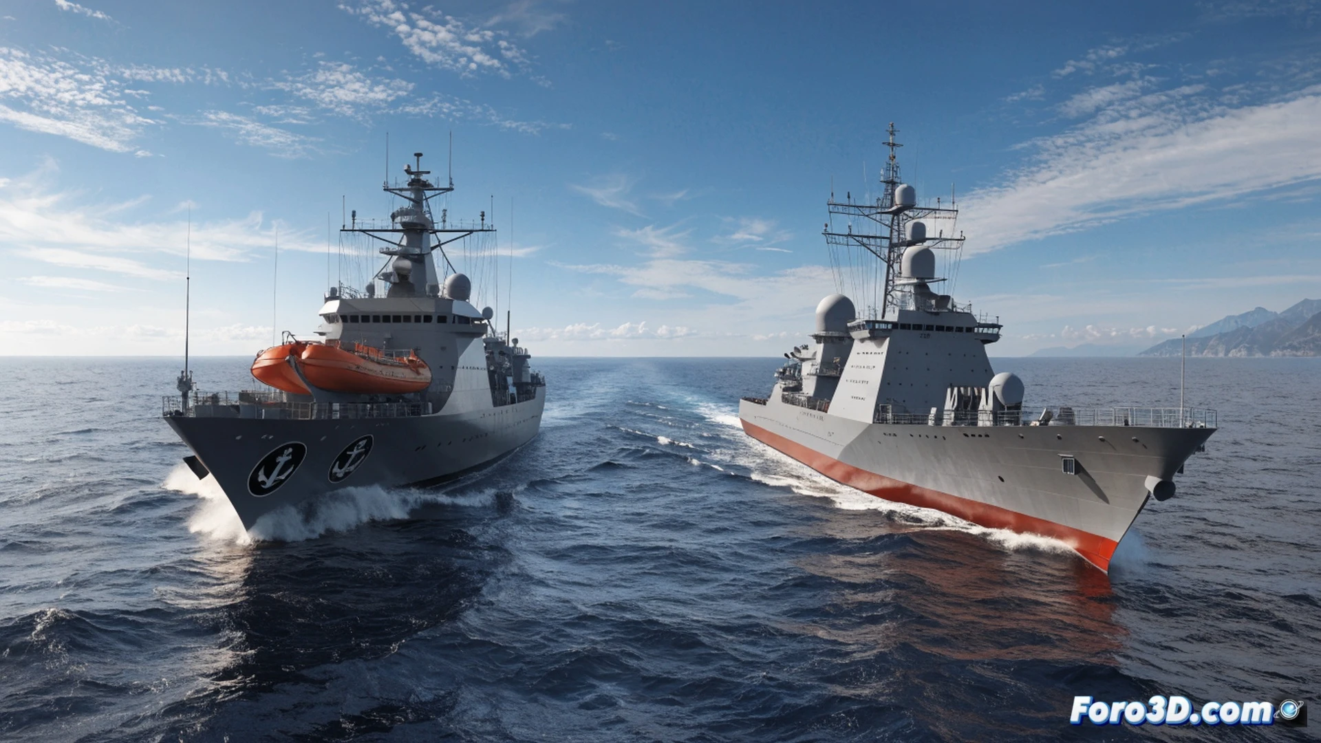 Dutch naval frigate navigating through Indo-Pacific waters, Chinese naval vessel visible on the horizon in a tense standoff, radar screens inside the bridge showing overlapping vessel tracks, maritime patrol aircraft overhead monitoring the scene, commercial container ship in the distance altering course, photorealistic cinematic visualization, stormy ocean lighting, metallic hull reflections, antenna arrays and missile systems clearly visible, dramatic sky with dark clouds, ultra-detailed naval engineering elements, realistic maritime combat scenario